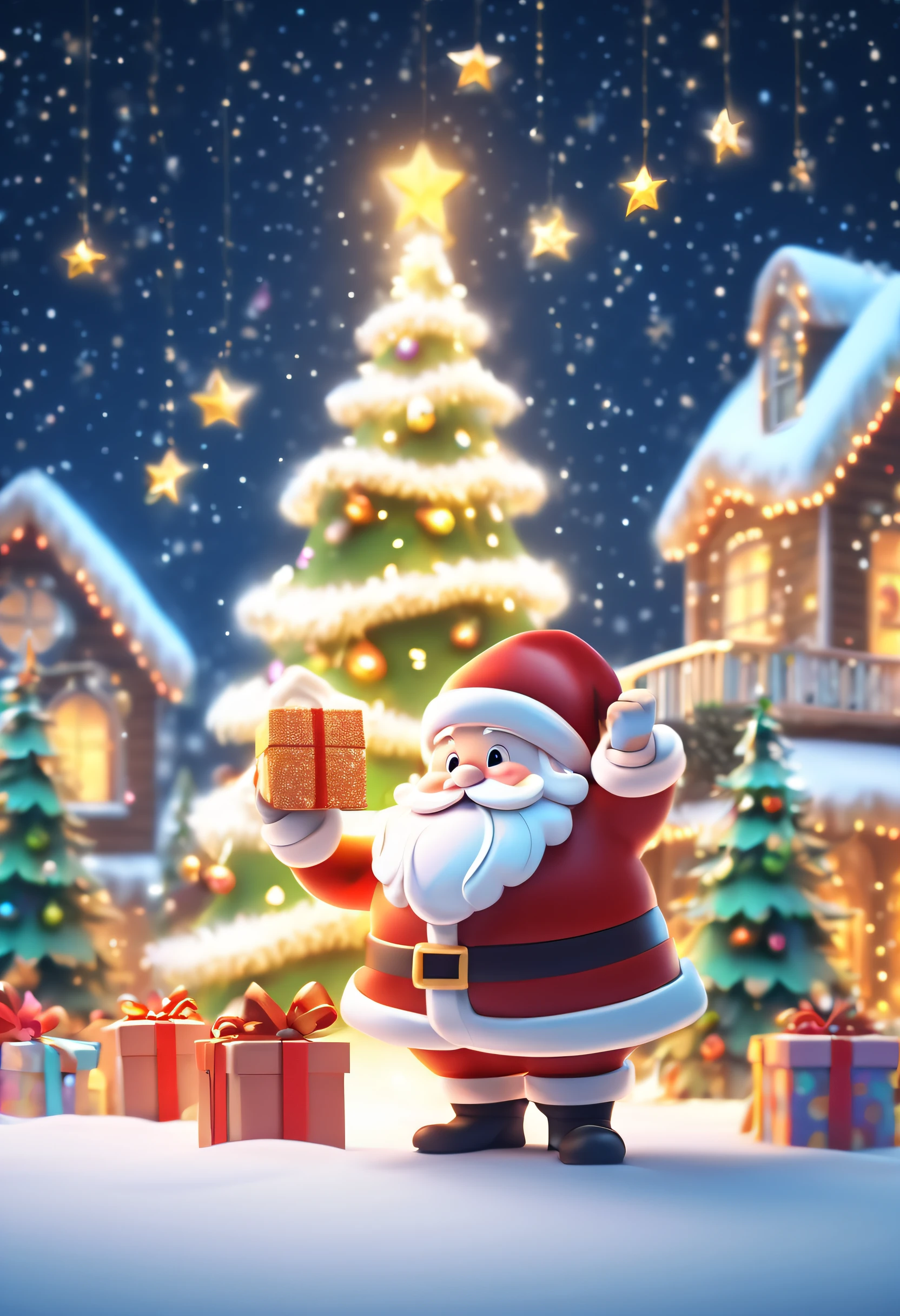 A santa claus holding a present in front of a christmas tree - SeaArt AI