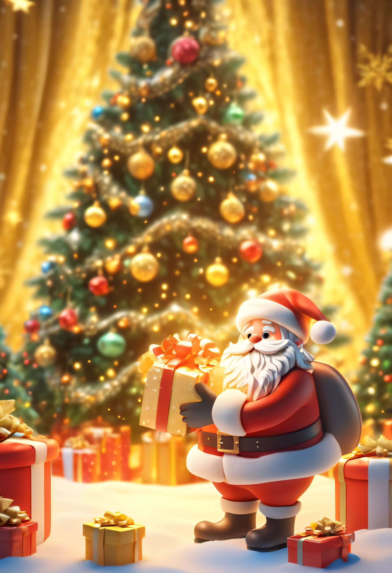 3D rendering, Christmas night scene, with a large Christmas tree in the middle of the poster, adorned with colorful lights, starry curtains in the sky, and gift boxes on the snow. A cute and kind Santa Claus holding a gift, with a warm yellow background and a bright night