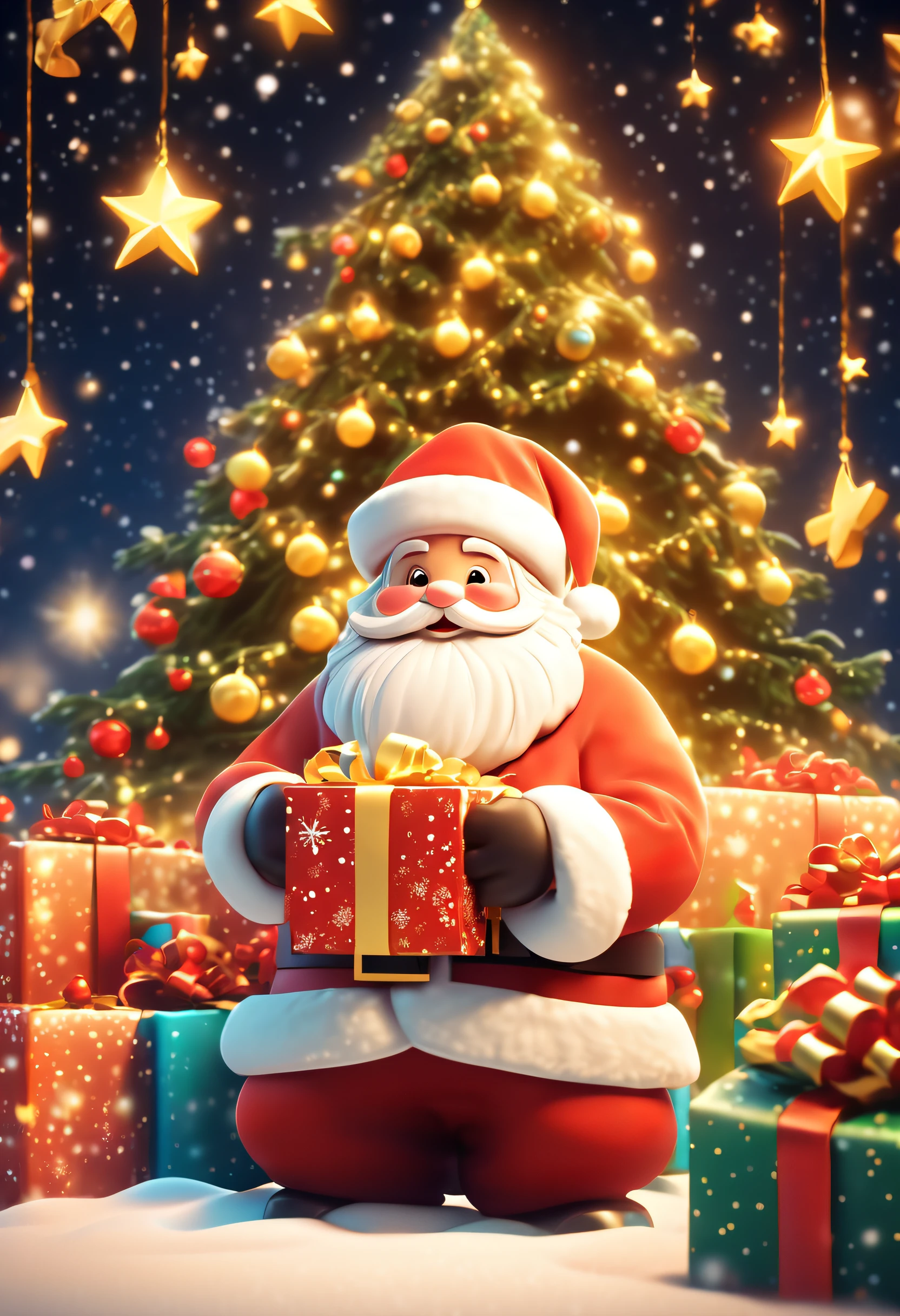 3D rendering, Christmas night scene, with a large Christmas tree in the middle of the poster, adorned with colorful lights, starry curtains in the sky, and gift boxes on the snow. A cute and kind Santa Claus holding a gift, with a warm yellow background and a bright night