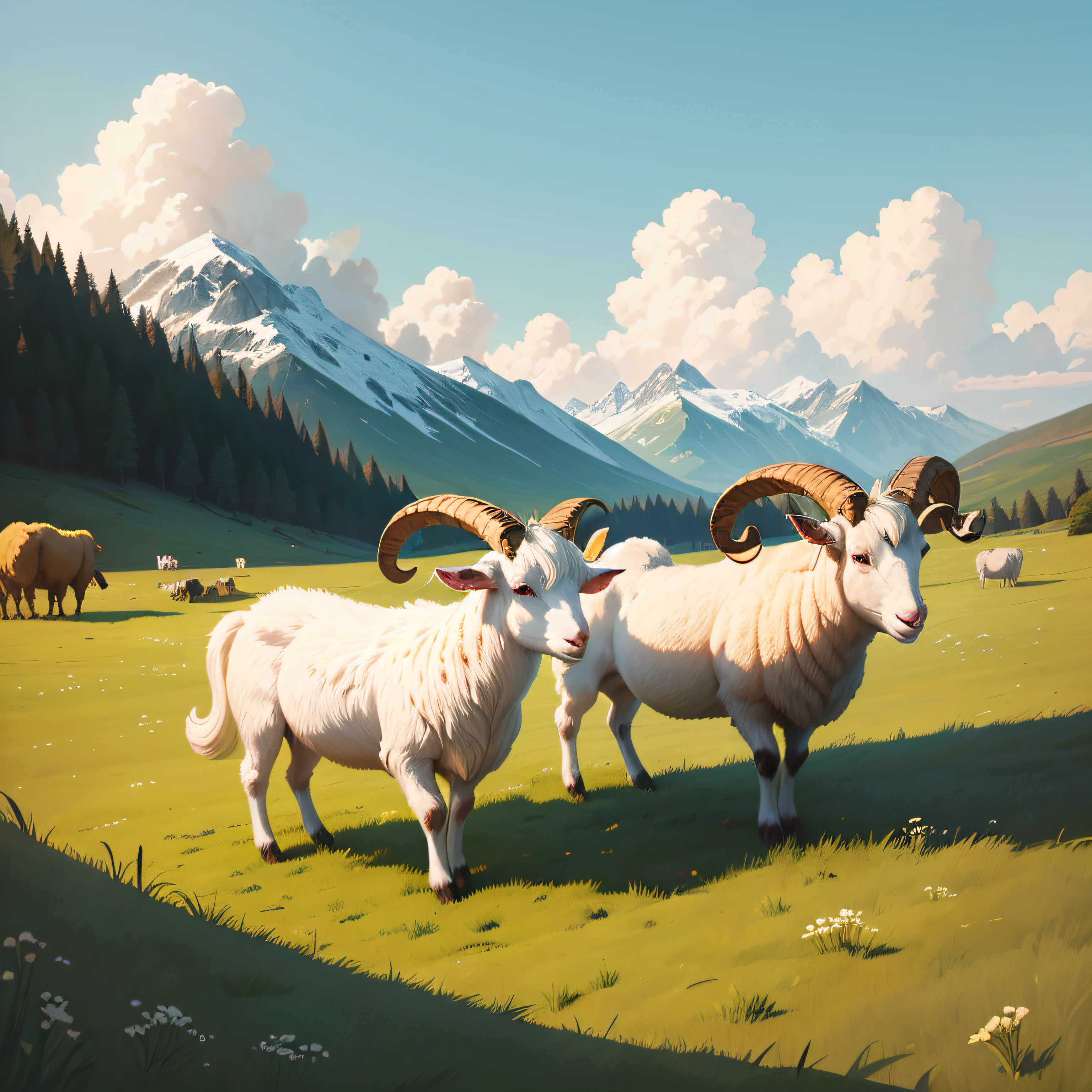 Illustration style，goats，sheep horns，grassy fields，Warm daylight