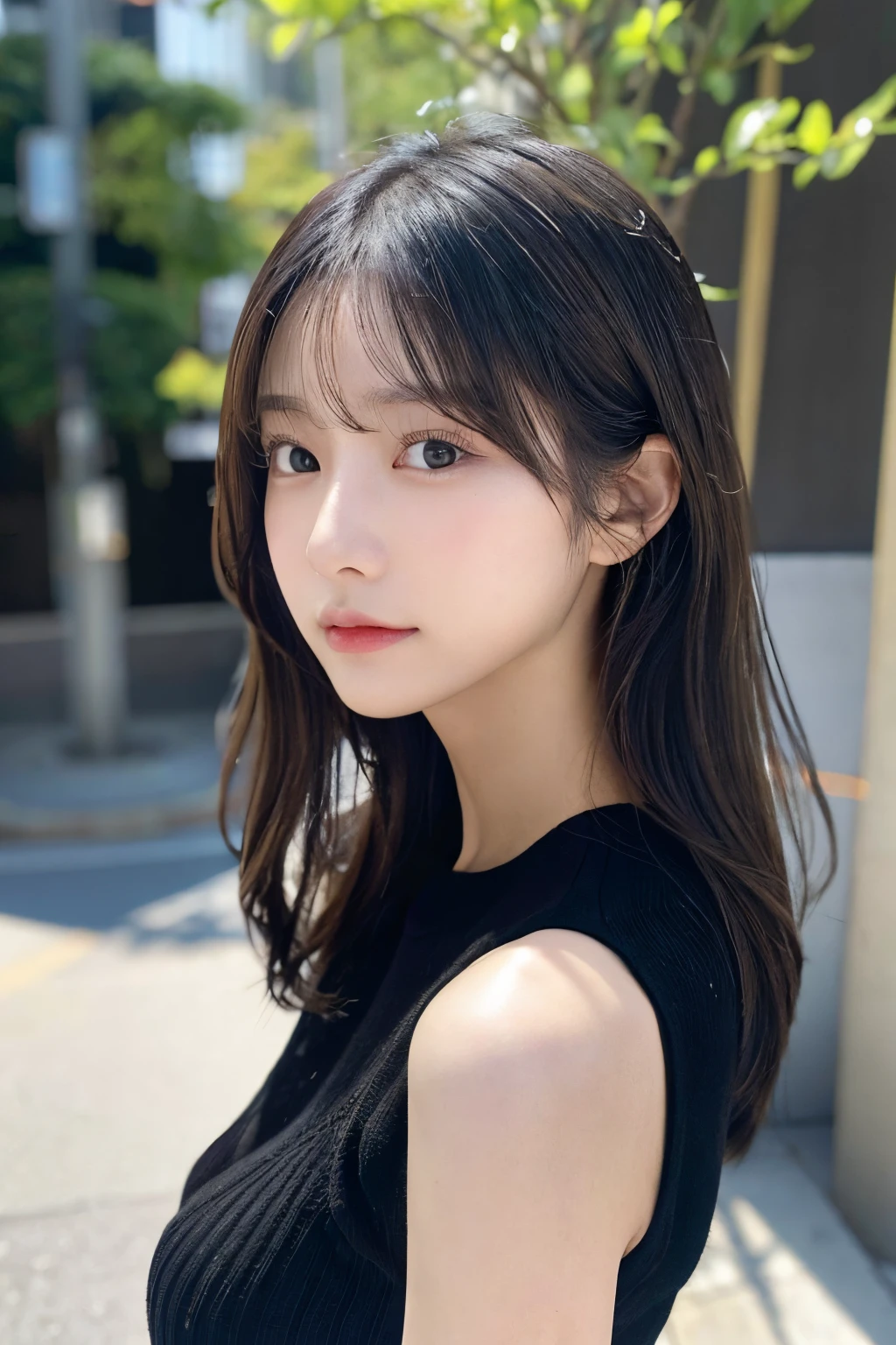 (Black sweater)、(top-quality,masterpiece:1.3,超A high resolution,),(ultra-detailliert,Caustics),(Photorealsitic:1.4,RAW shooting,)Ultra-realistic capture,A highly detailed,high-definition16Kfor human skin、 Skin texture is natural、、The skin looks healthy with an even tone、 Use natural light and color,One Woman,japanes,,kawaii,A dark-haired,Middle hair,(depth of fields、chromatic abberation、、Wide range of lighting、Natural Shading、)、(Long hair swaying in the wind)、Concrete background、Top margin、Hair of uniform shape on the left and right、profile、Skin type close to that of humans