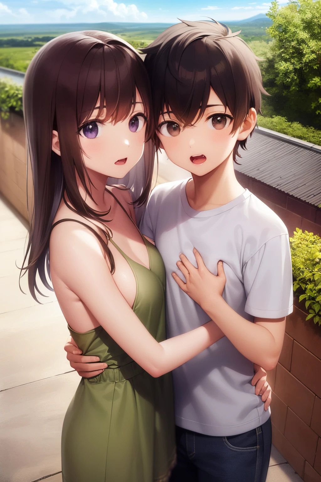 The upper part of the body、an oil painting、masterpiece、top-quality、hight resolution、long brown hair、10years old girl,a 10 year old boy,2a person々 Gamine、Normal breasts,barechested,Couple hugging each other ,On the rooftop