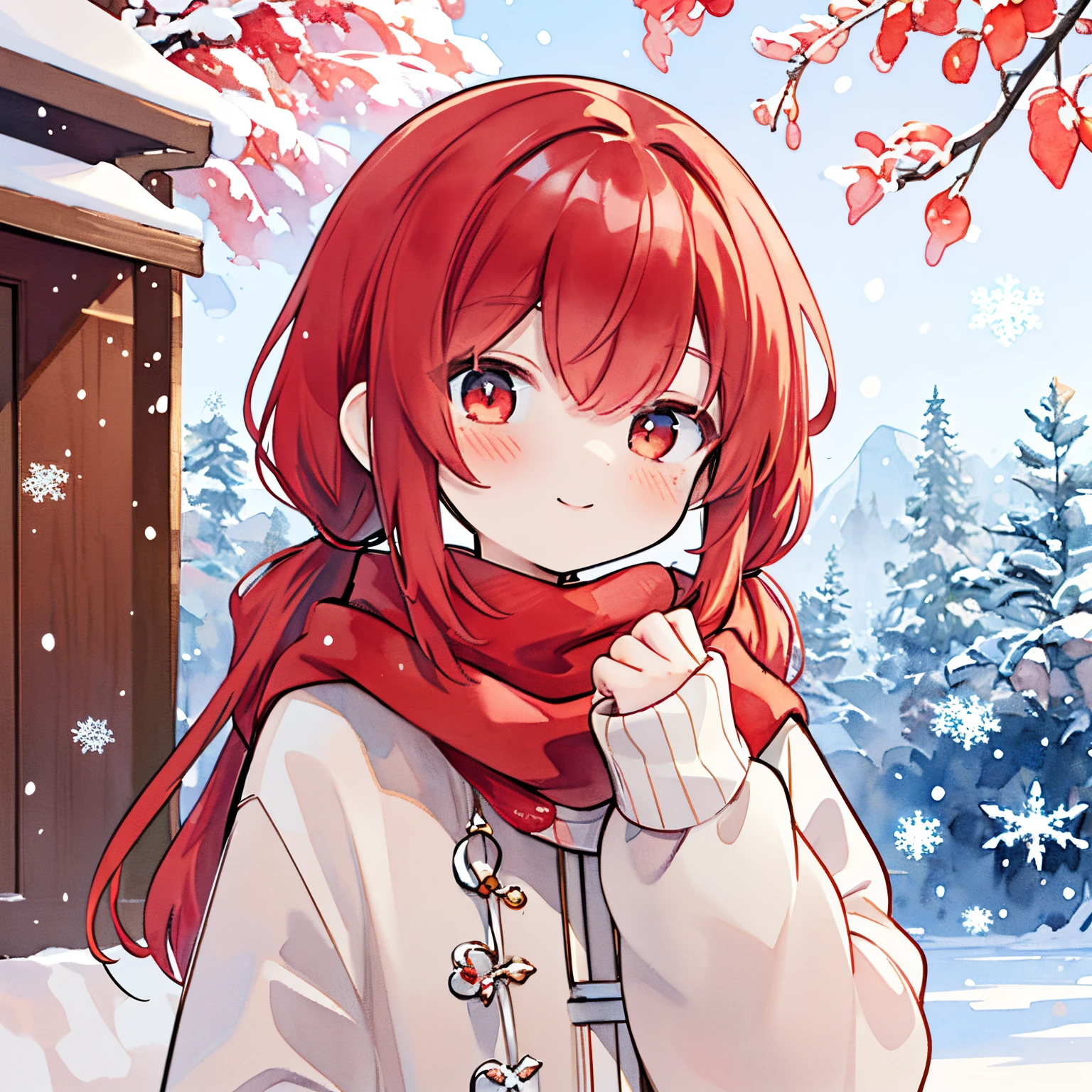 Transparent watercolor,girl,jewel eyes,beautiful arrangement and motif,originality,game character design,field depth , Fantastic, game character design (one girl: 1.0), (red hair), (red hair pigtails), (red scarf: 1.0), (red stall), white jumper, red eyes, cute smile, cute clothes, snowflakes, snowflakes, winter, surrounding snowflakes