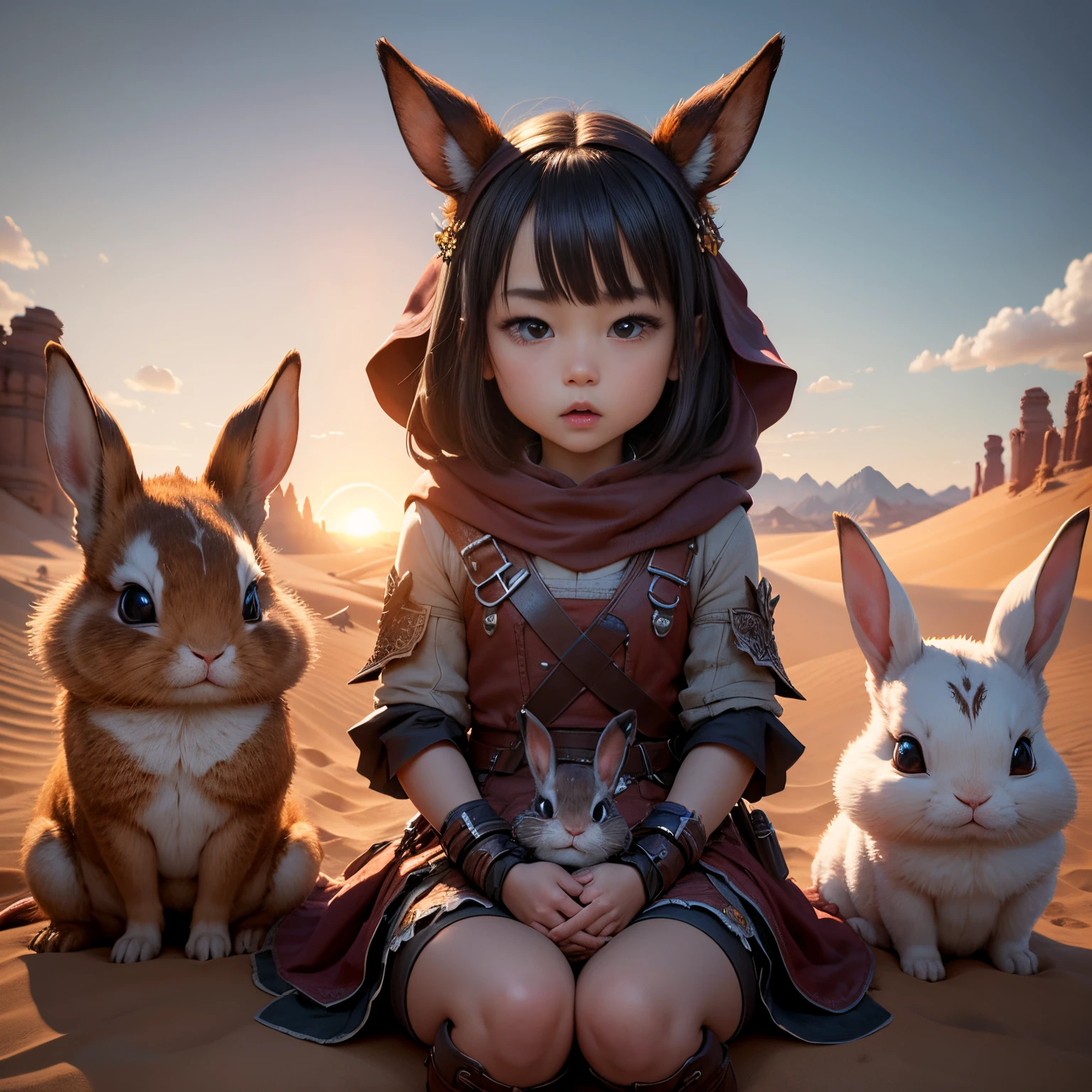 超A high resolution、An ultra-high picture quality、8K、Detailed details、marvelous expression、Lots of 、Many little rabbit monsters are your companions、Monster Hunter Character Costumes、Vast desert background、