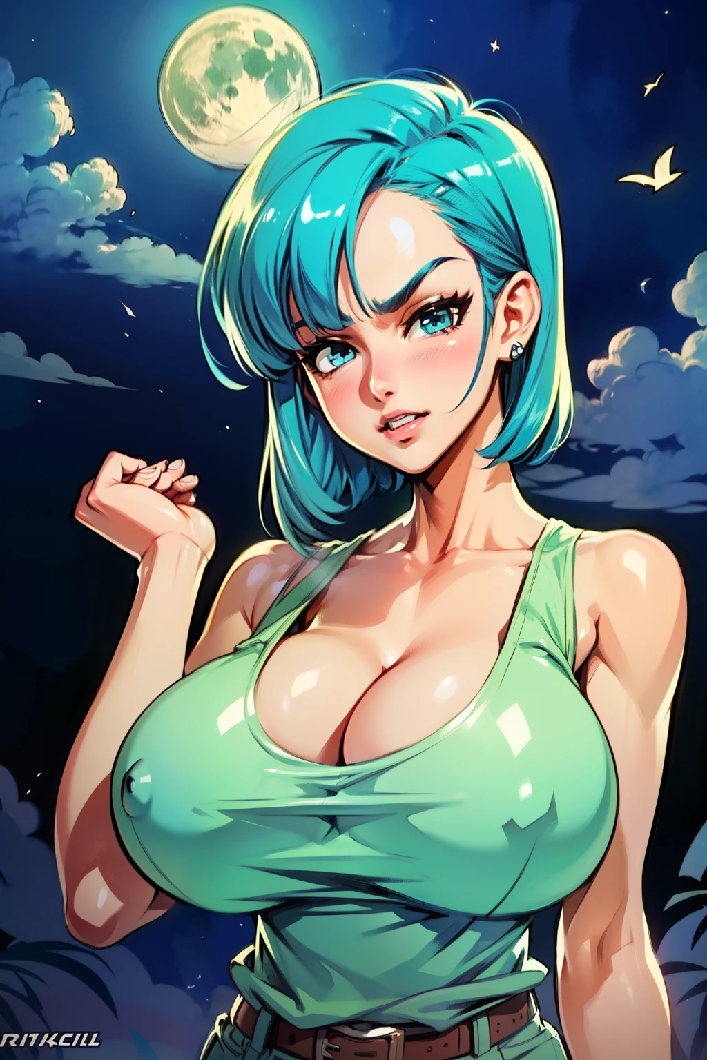 Waifu, masterpiece, curvy, breasts, moon, full moon, gloves, 1girl, clenched teeth, bulma, cleavage, large breasts, teeth, aqua hair, ((white tank top)), blue eyes, rating:explicit,rule34, hardcore, tits,clenched hands, night, sky, ((brown pants)), bare shoulders, blue hair, clenched hand, rating:questionable, short hair, belt, solo, angry, lip biting(gigantic and massive tits:1.1), breasts, official illustration, illustration, detailed face, beautiful intricate eyes, curvy milf, 1:2), closeup, titsnipples