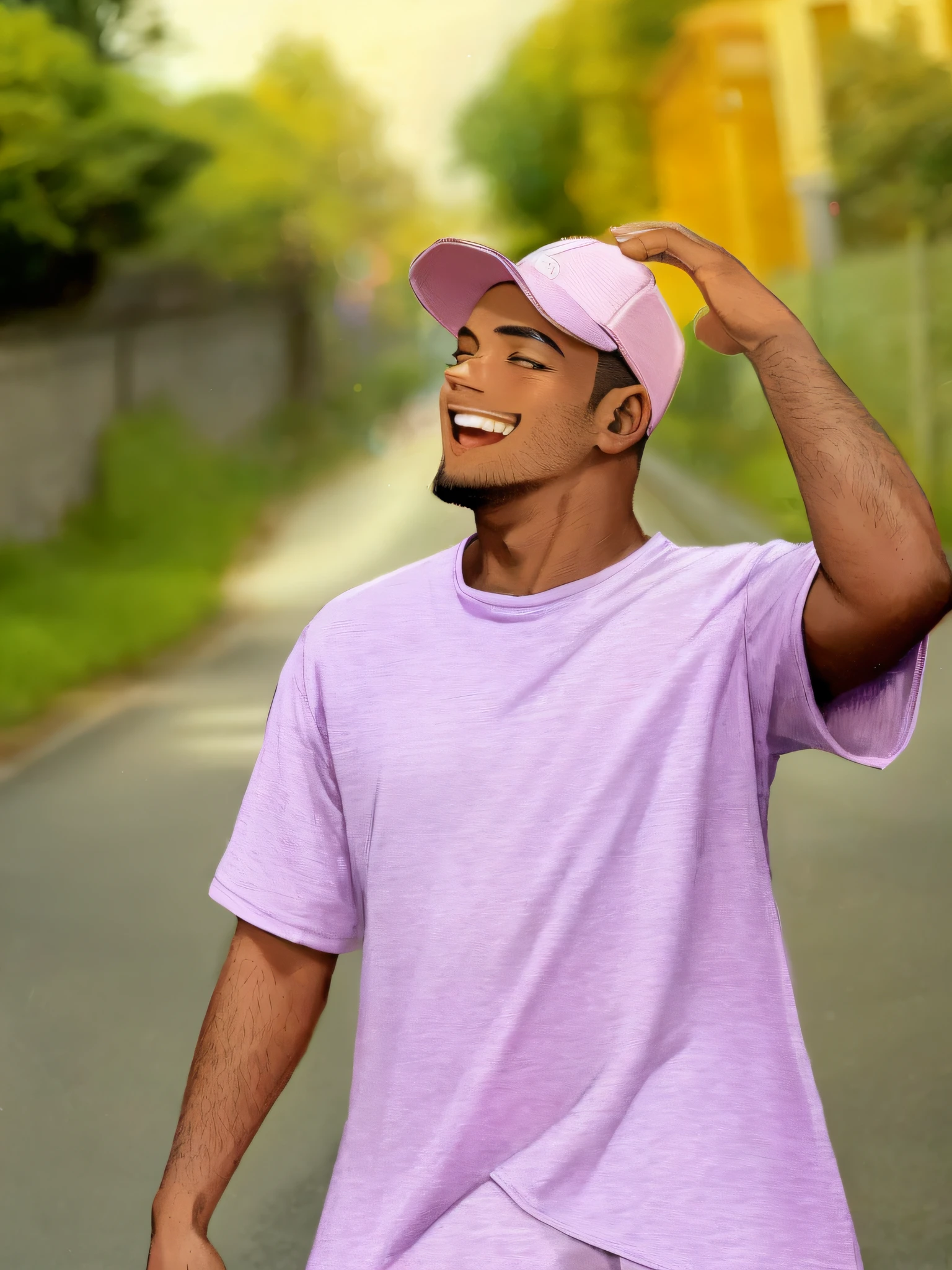 arafed man in a purple shirt and a pink hat is walking down a street, earing a shirt laughing, wearing a purple cap, mutahar laughing, young man in a purple hoodie, violet coloured t-shirt, dr zeus, smug smile, brown skin man with a giant grin, wearing purple undershirt, smiling playfully, photo shoot, looking happy