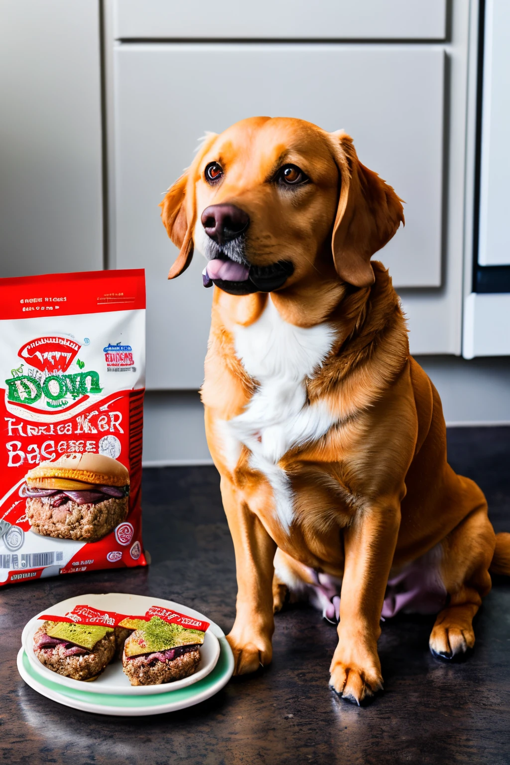 A package of dog food next to a raw hamburger steak and in the background a dog looking at the scene