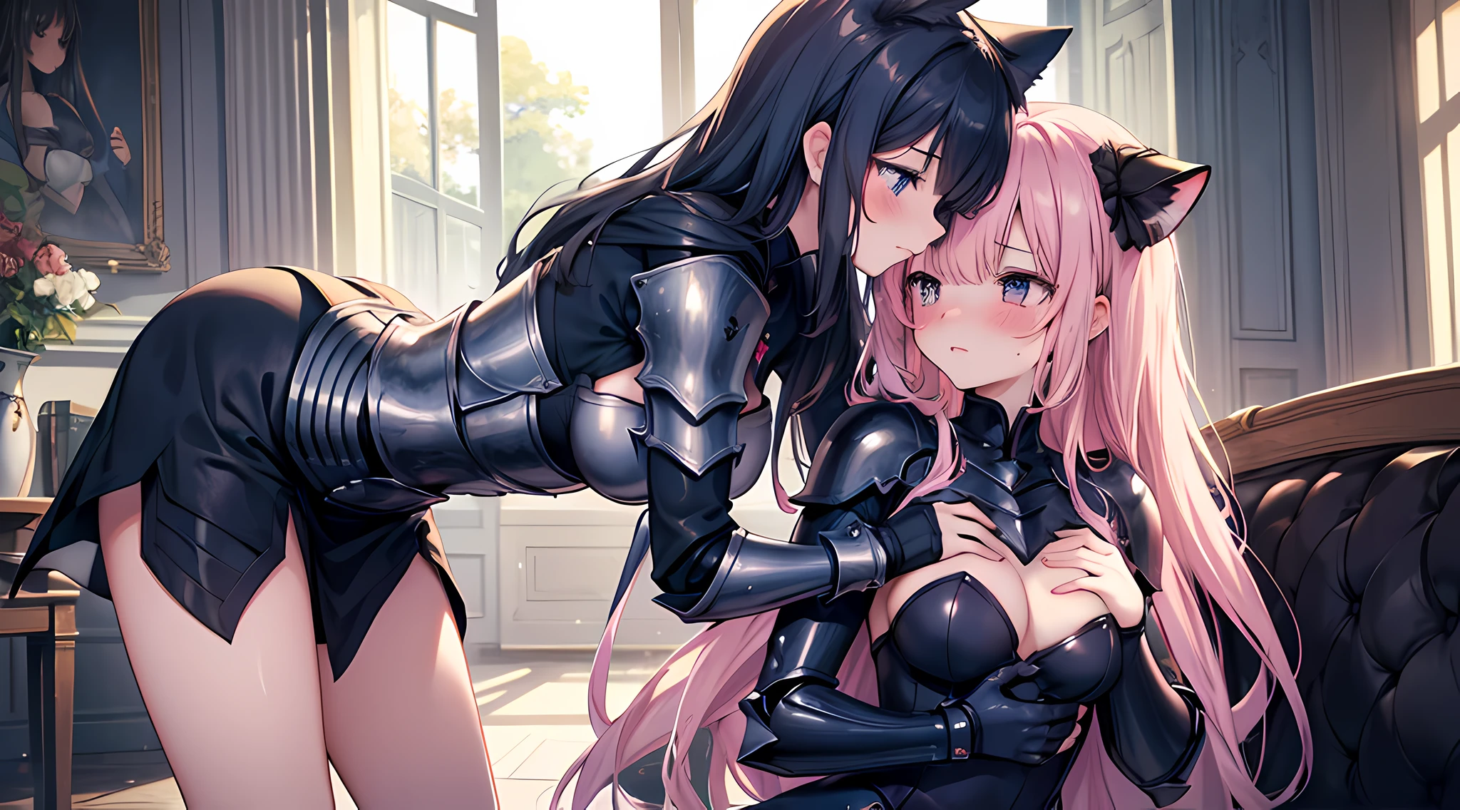 masterpiece, best quality, 2 cat eared girls, (kissing), (groping), blushed face, mischievous facial expression, female knight armored, hand on chest, girl, touching breast, (full body:0.8), standing and hugging each other.