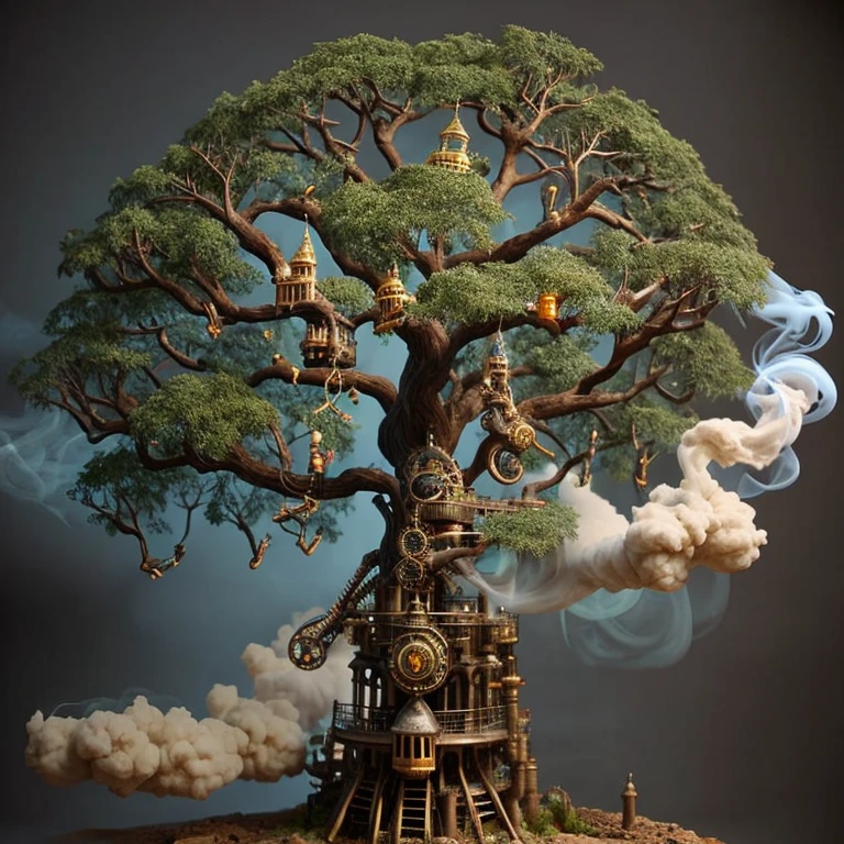 Live art tree like a dream, Colorful smoke, Insane details, Steampunk details, Intricate details, hyperdetails,