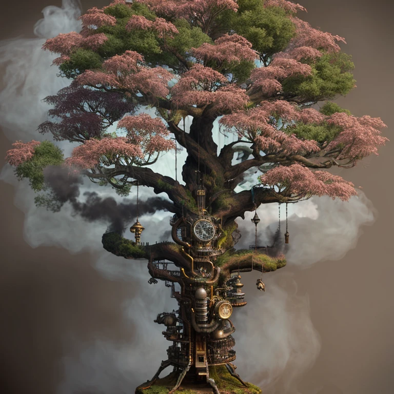 Live art tree like a dream, Colorful smoke, Insane details, Steampunk details, Intricate details, hyperdetails,