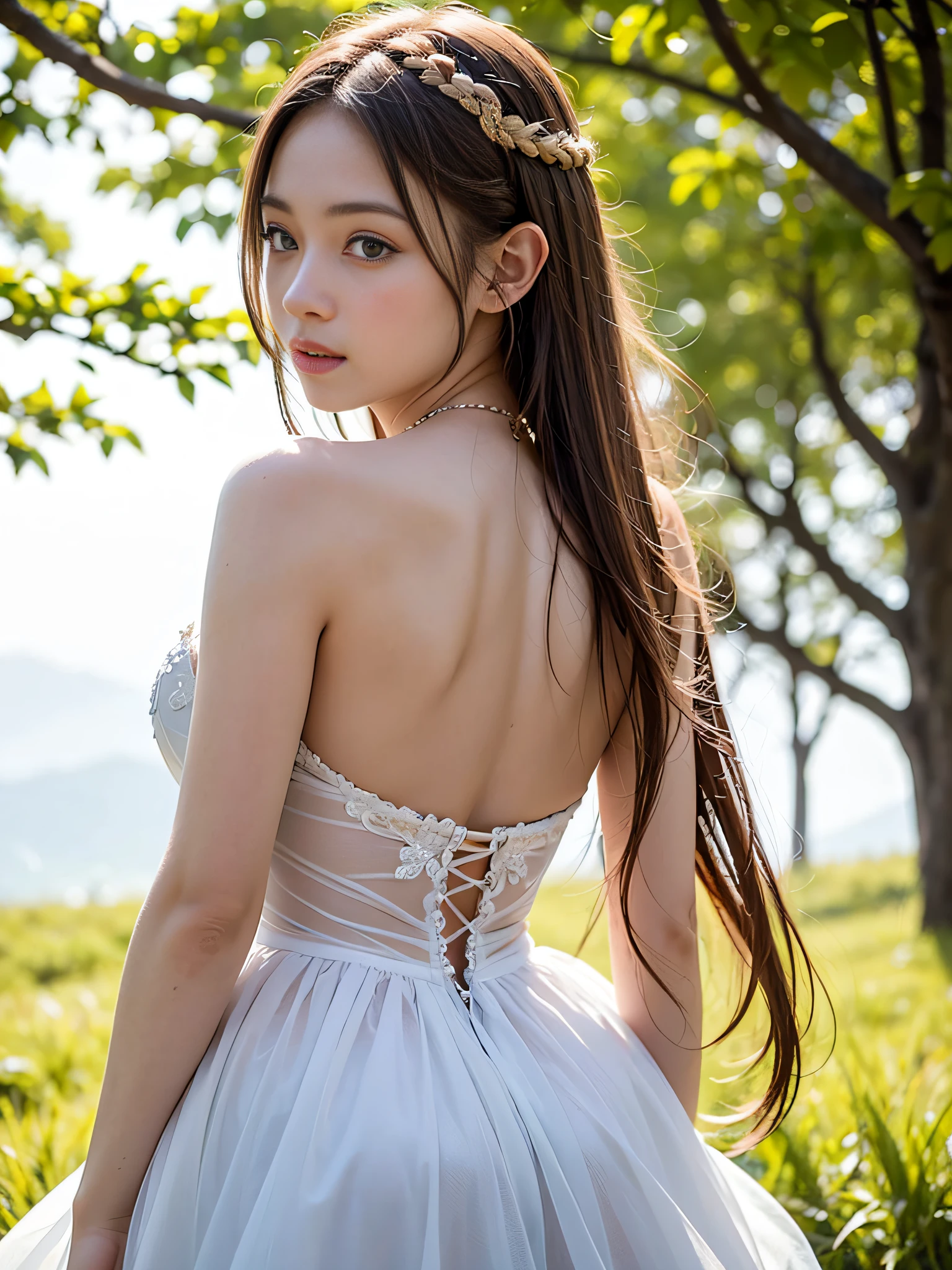Graceful elven girl standing in meadow, Delicate face illuminated by the soft light of the setting sun. Her long, Flowing hair runs down your back, Decorated with intricate braids、Adorned with sparkling gemstones. This great photo is、、、It captures the ethereal beauty of elves. Slender figure in silk dress、Swaying in the soft steppe breeze. Attention to detail、Face that is、Face that is、Face that is、Face that is、It is evident in the intricate patterns of the dress and the subtle highlights of the luminescence. skin. The breathtaking portrayal of the elven girl is、、、、、Create an enchanting atmosphere、It invites the viewer to a magical world. blondhair,