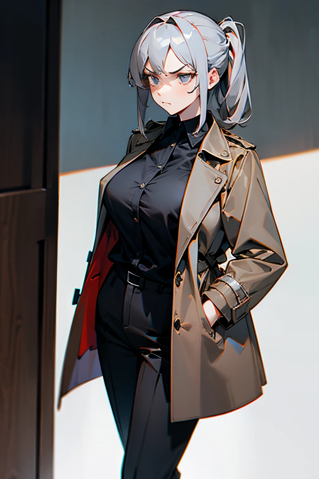 1girl, serious, unimpressed, pigtal, brown trenchcoat, black collared shirt, black trousers, big breasts, grey hair