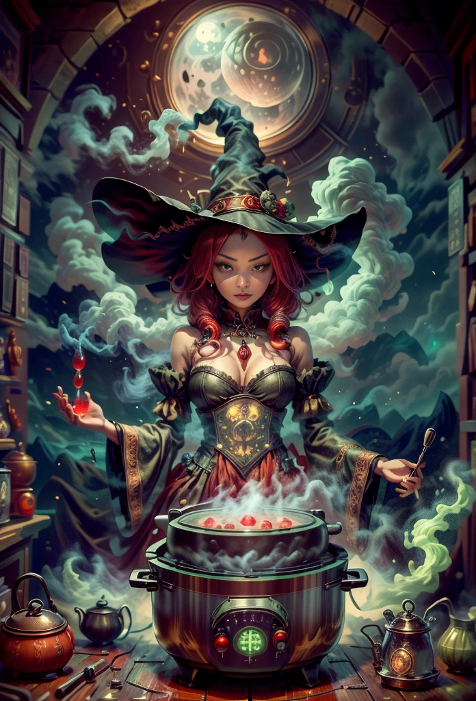 Weird and seductive witch in her alchemist's room, Perform alchemical magic with a steaming rice cooker filled with green glowing smoke, Eerie night background with full moon and window view, Dressed in traditional witch costume,((The strange and sinister rice cooker is filled with red liquid)),(UHD, masterpiece, ccurate, anatomically correct, textured skin, super detail, high details, high quality, award winning, best quality, 16k)