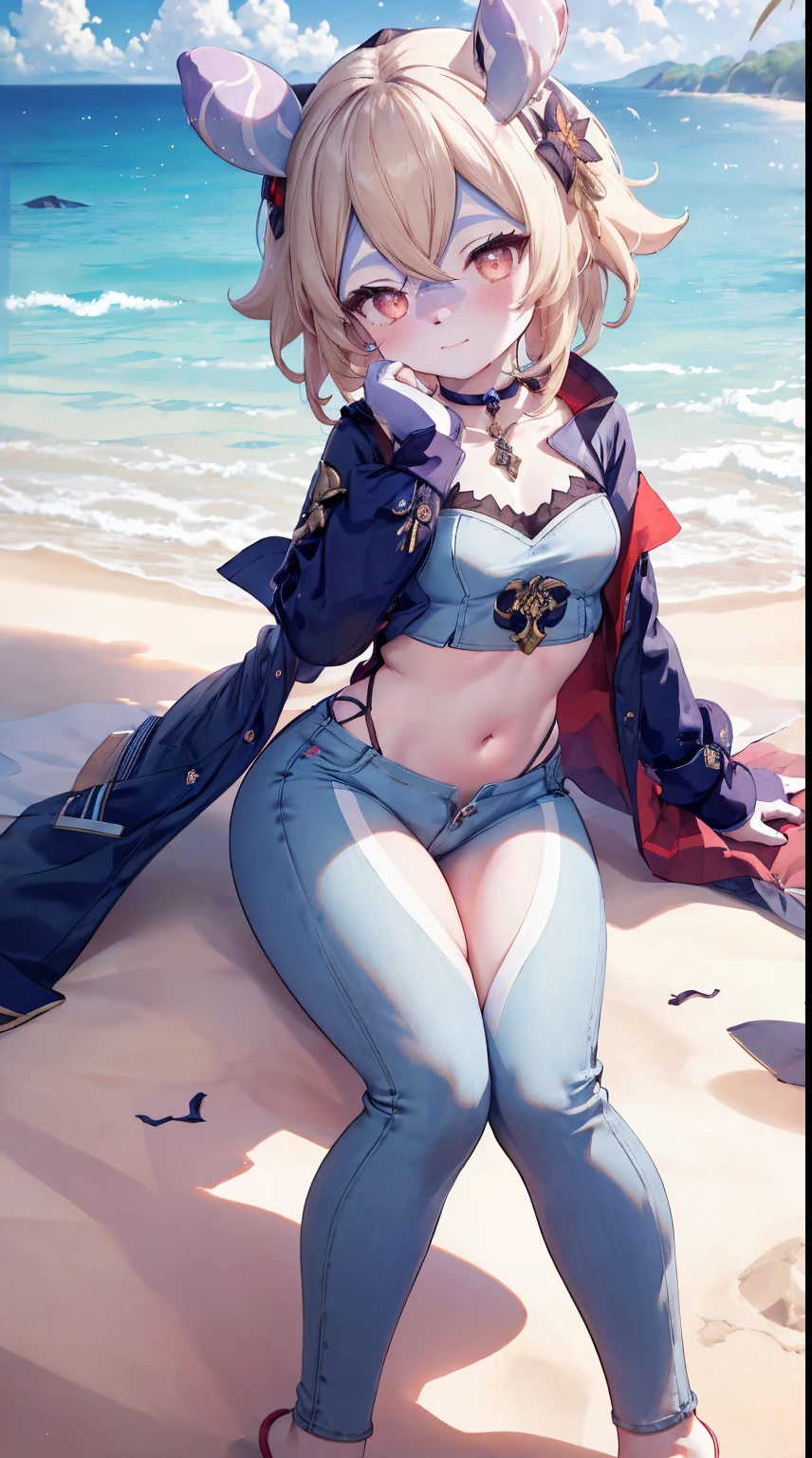 Melousine | genshin impact, master-piece, bestquality, 1girls,25 years old , proportional body, proportional, Show your , Long Jeans, crop top, choker, Lying on the beach with a seductive challenge, flattering. ,bara, Beautiful sea, The sky is beautiful, View viewers from the front, Thigh strap, Head tilt, bored, 10, 10, HD, slight smile,