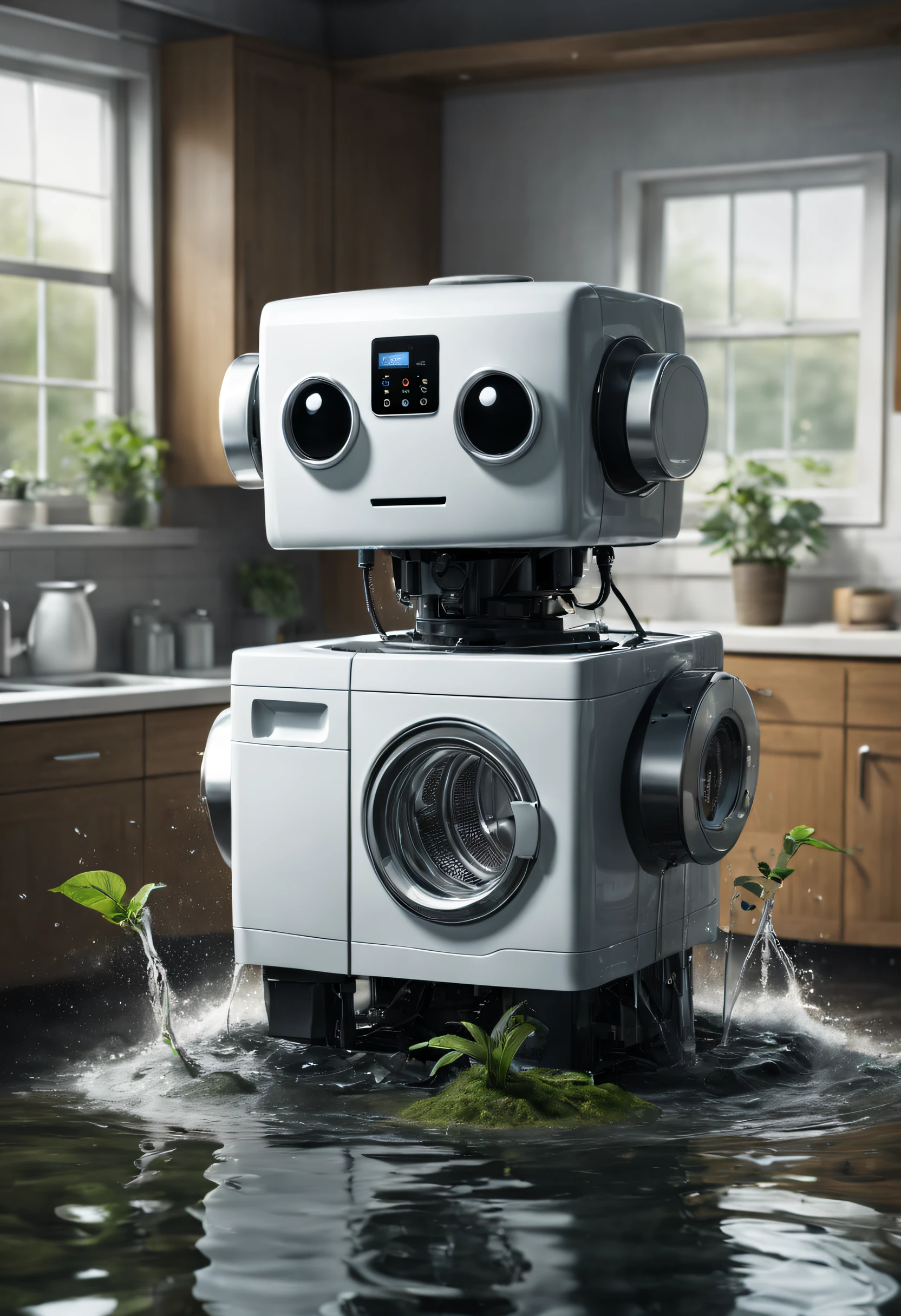 cinematic realism, Cute cube robot washing machine in the kitchen, There is a small spout in the center of the bottom of the body，There is black oil flowing out, The robot has a relaxed expression，ssmile, emptying into swampy waters, The is very detailed, 16k, Fantasyart, octaneratingrendering, Foto realism, --ar 1:2 --c 20 --s 1000 --q 5