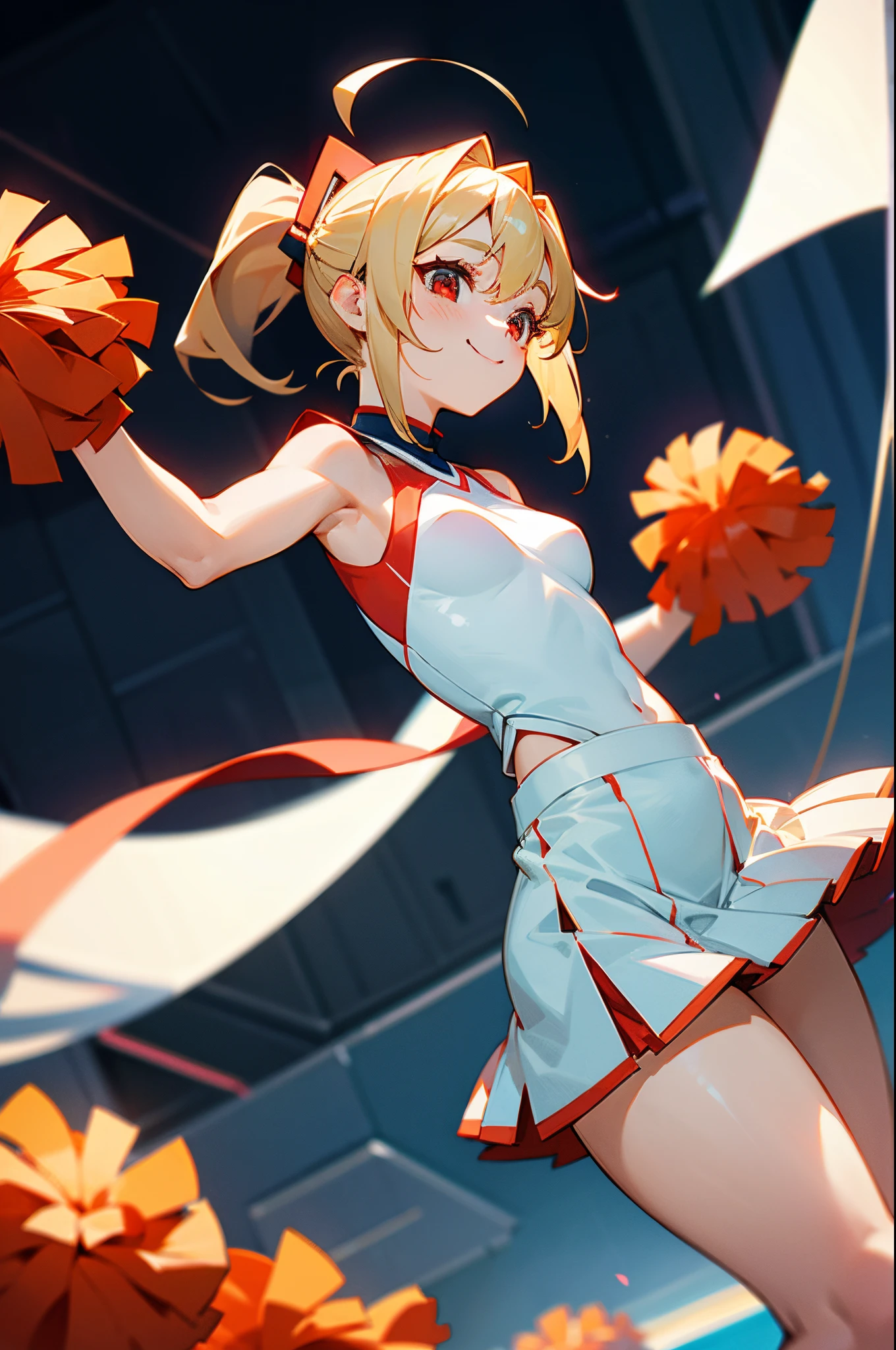 1girl in, Blonde ponytail、Ahoge、big round red eyes、small tits, Cheerleader costume based on red, Smile, high-angle