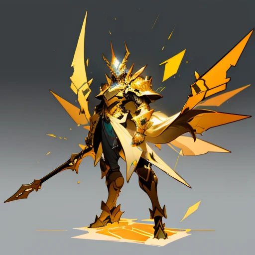 The fusion of Japanese pop art and cybernetic aesthetics is reflected in 8k resolution illustrations。The main focus is a male dragon,full body armored,with light glowing,Dark gold and light gradient,Respond to the audience’s perspective。His eyes are emphasized by a soft glow,So are his teeth and the fragments of armor that make up his shoulder pads.。as he stood in the ruins,A large elegant cloak fluttered behind him,Avoid any human presence。His helmet,when visible,Crafted with intricate details,It fully illustrates his status as a mechanical overlord.。