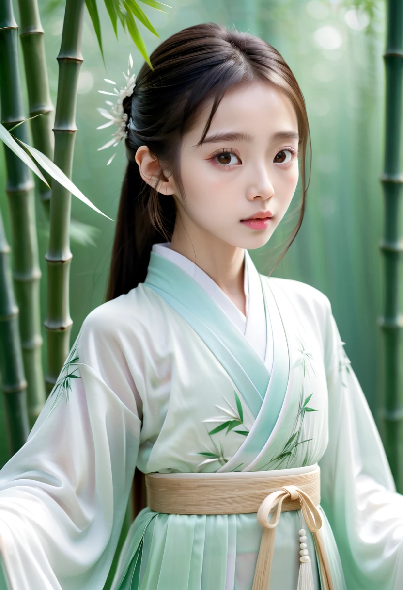 6 years old,image of a Chinese beautiful girl dressed in hanfu,bamboo,looks like angelababy, in the style of light white and light Crystal, minimalist landscapes, rendered in cinema4d, meticulous design, graceful figures, asymmetrical balance
