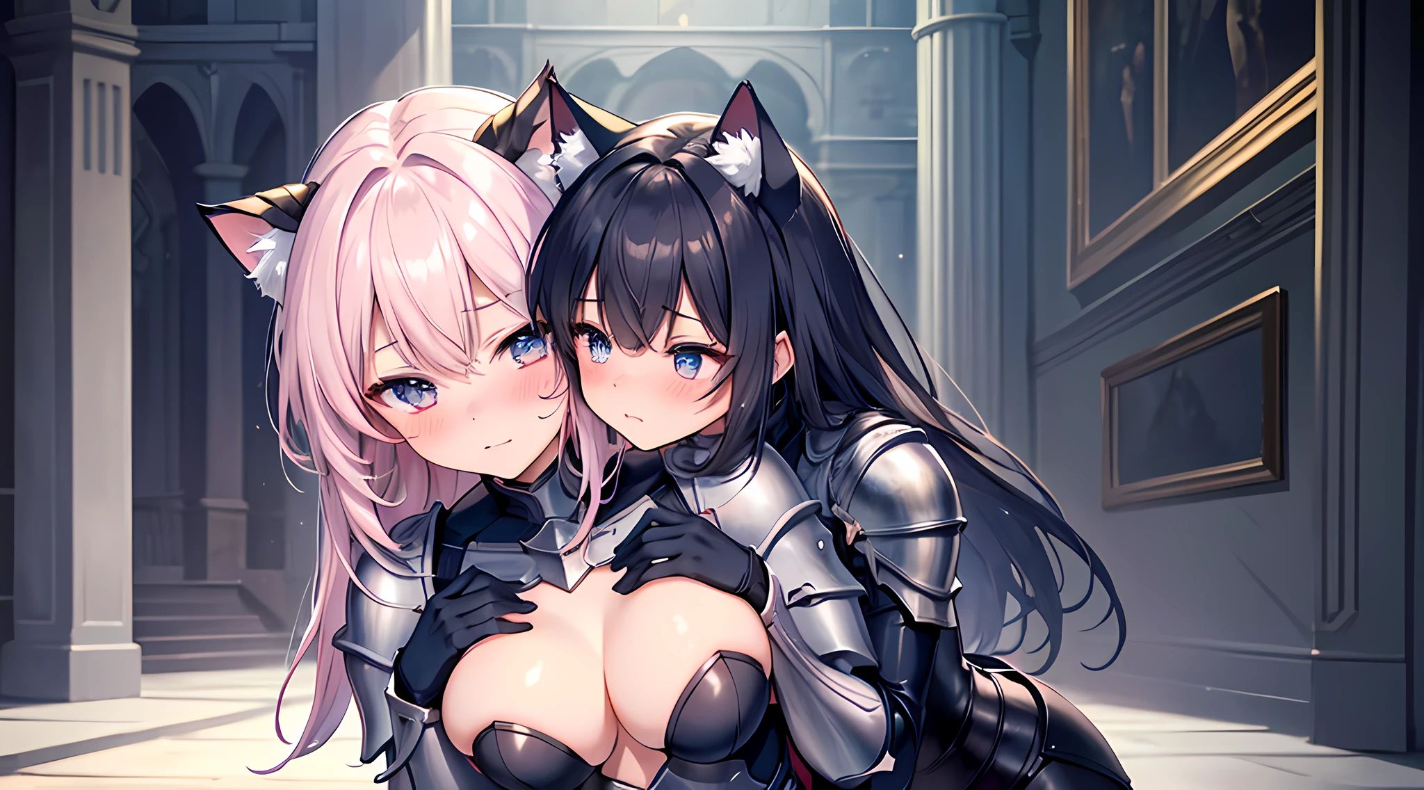 masterpiece, best quality, 2 cat eared girls, (kissing), (groping), blushed face, mischievous facial expression, female knight armored, hand on chest, girl, touching breast, (full body:0.8), standing and hugging each other.