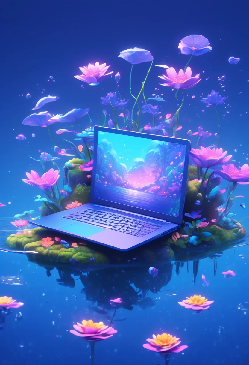 a laptop floating in the air on the water, in the style of naturalistic depictions of flora and fauna, disney animation, violet and indigo, light-filled landscapes, vibrant pop surrealism, manga-inspired, vray