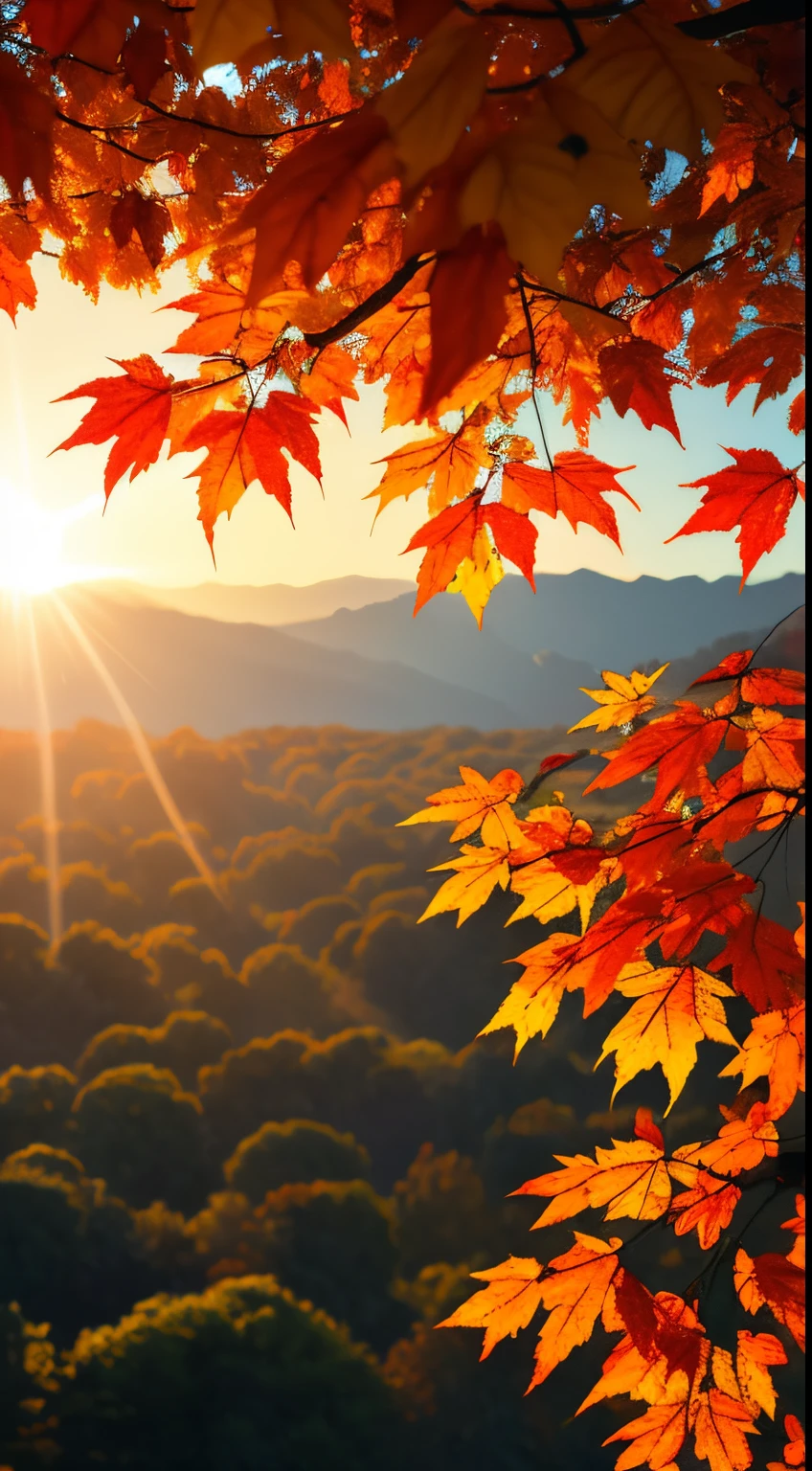 Autumn evening,Branches in the sun,Hang sunlight on the leaves,photorealestic,natural soft light,hyper-detailing,4k