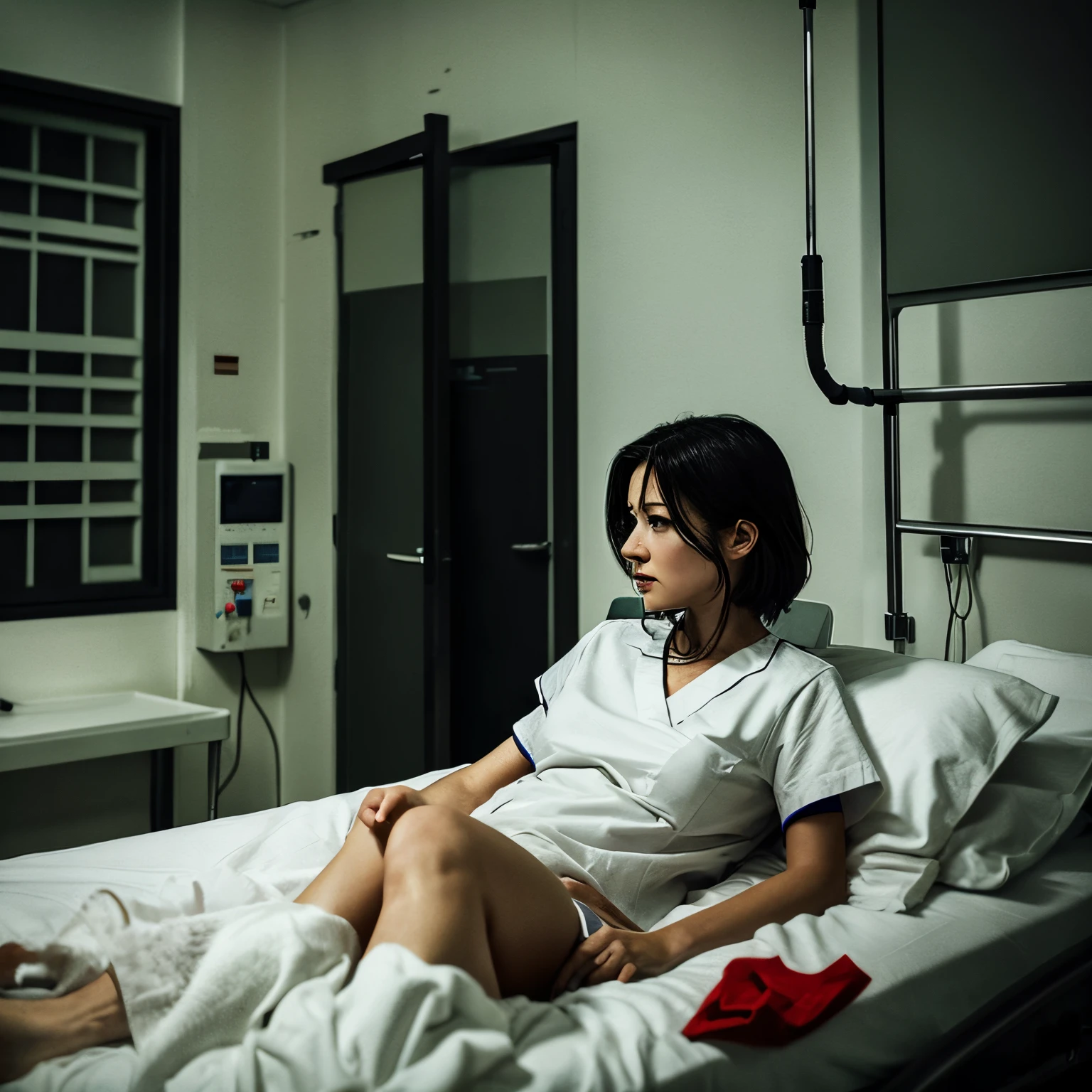 (A shabby prison cell)Woman sitting on the legs of an old man sitting on a bed.((Korean woman with black hair).Women with big breasts.Women with big breasts.Korean actress female.Korean girl group women.Woman in her 20s.Hourglass body.woman in black panties.A woman wearing a tight, thin, ripped short-sleeved T-shirt.Skinny jeans are lying on the floor..white skin woman.Wearing white sneakers.Korean fitting model.slim woman.