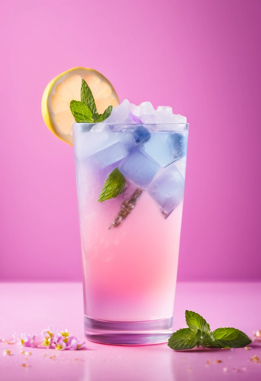 Refreshing and elegant, a beautiful layered cocktail, purple, blue and pink mug filled with crushed ice, decorated with lemon slices and delicate flowers, on a clean, minimalist pink background, Studio, SONY A7R II,90mm f,2.8 macro, bright, crisp colors, non-alcoholic cocktails, purple and pink cocktails, ginger beer, Sparkling water, translucent, honey, mint, food photography