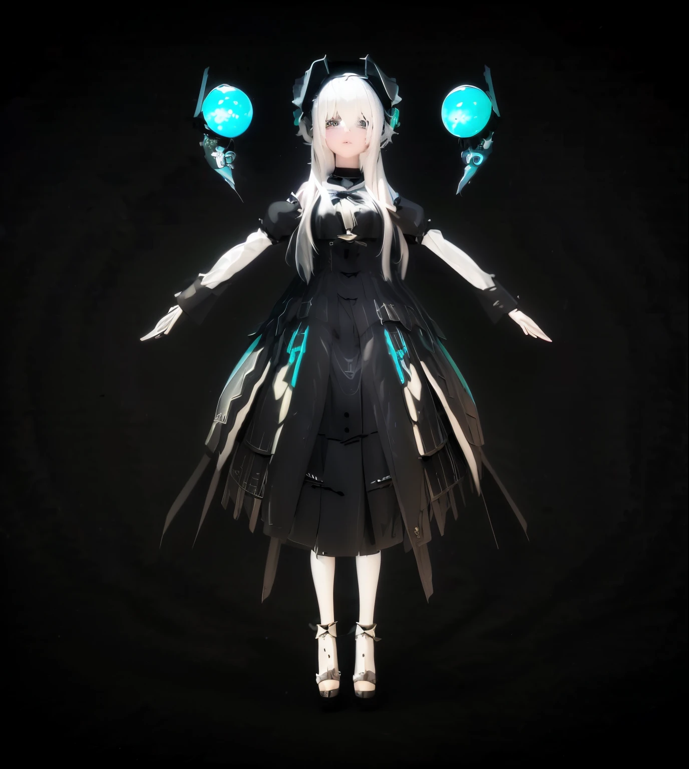 Anime style image of woman with white hair and black skirt, Anime style 3D, Rendering of a cute 3D anime girl, Astral Witch Clothes, live2d virtual YouTuber model, Mysterious art style, lunar themed attire, Glowing black halo, style of anime. 8K, anime vtuber full body model, pixiv 3dcg