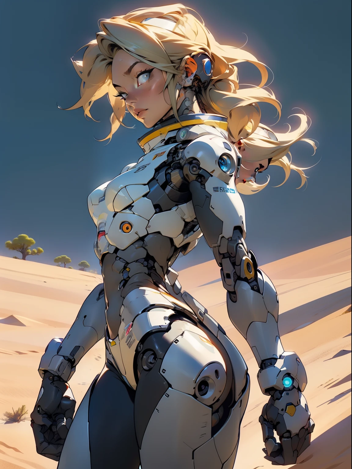 high quality, 4k, masterpiece, beautiful, cyborg girl, cowboy shot, dull eyes, back side, turning around to look at viewer, long blonde hair, girl, small breasts, fit thigh, robotic arms, robotic body, cyborg body, yellow accent, redaccent, intricate detail, joint, detailed lines, robotic detail, holding fist up, holding hand up as fist, color robotic parts, robotic parts with color, perfect fingers, on a desert planet, sunny background, colorful desert,