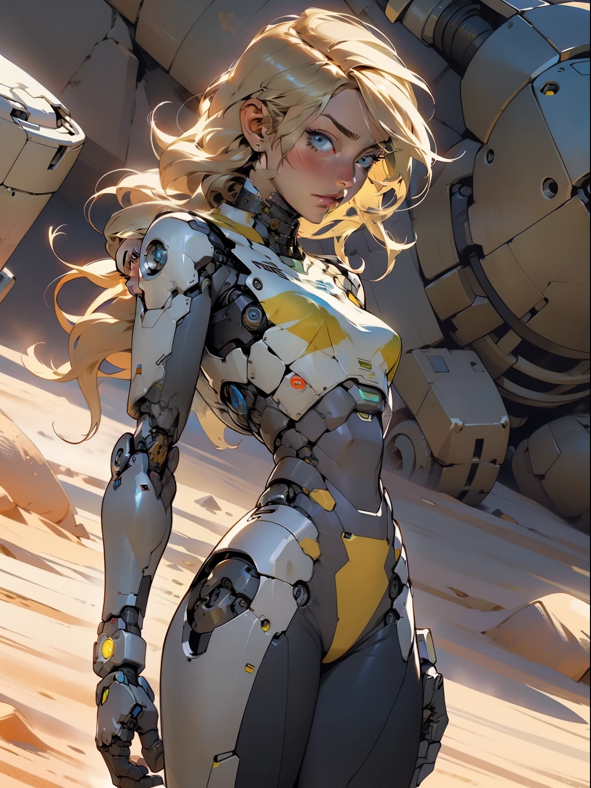 high quality, 4k, masterpiece, beautiful, cyborg girl, cowboy shot, dull eyes, back side, turning around to look at viewer, long blonde hair, girl, small breasts, fit thigh, robotic arms, robotic body, cyborg body, yellow accent, redaccent, intricate detail, joint, detailed lines, robotic detail, holding fist up, holding hand up as fist, color robotic parts, robotic parts with color, perfect fingers, on a desert planet, sunny background, colorful desert,