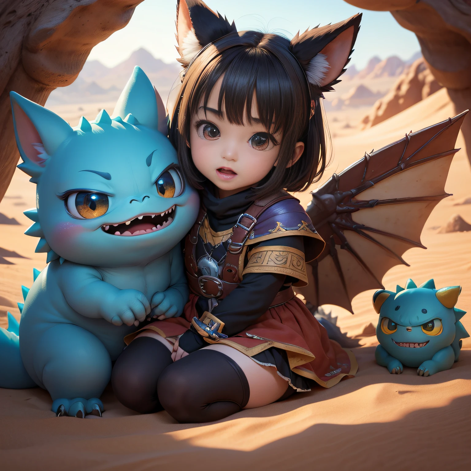 超A high resolution、An ultra-high picture quality、8K、Detailed details、marvelous expression、Lots of kids、Many small and comical cute monsters are your companions.、everyone is playing together、Monster Hunter Character Costumes、Vast desert background、