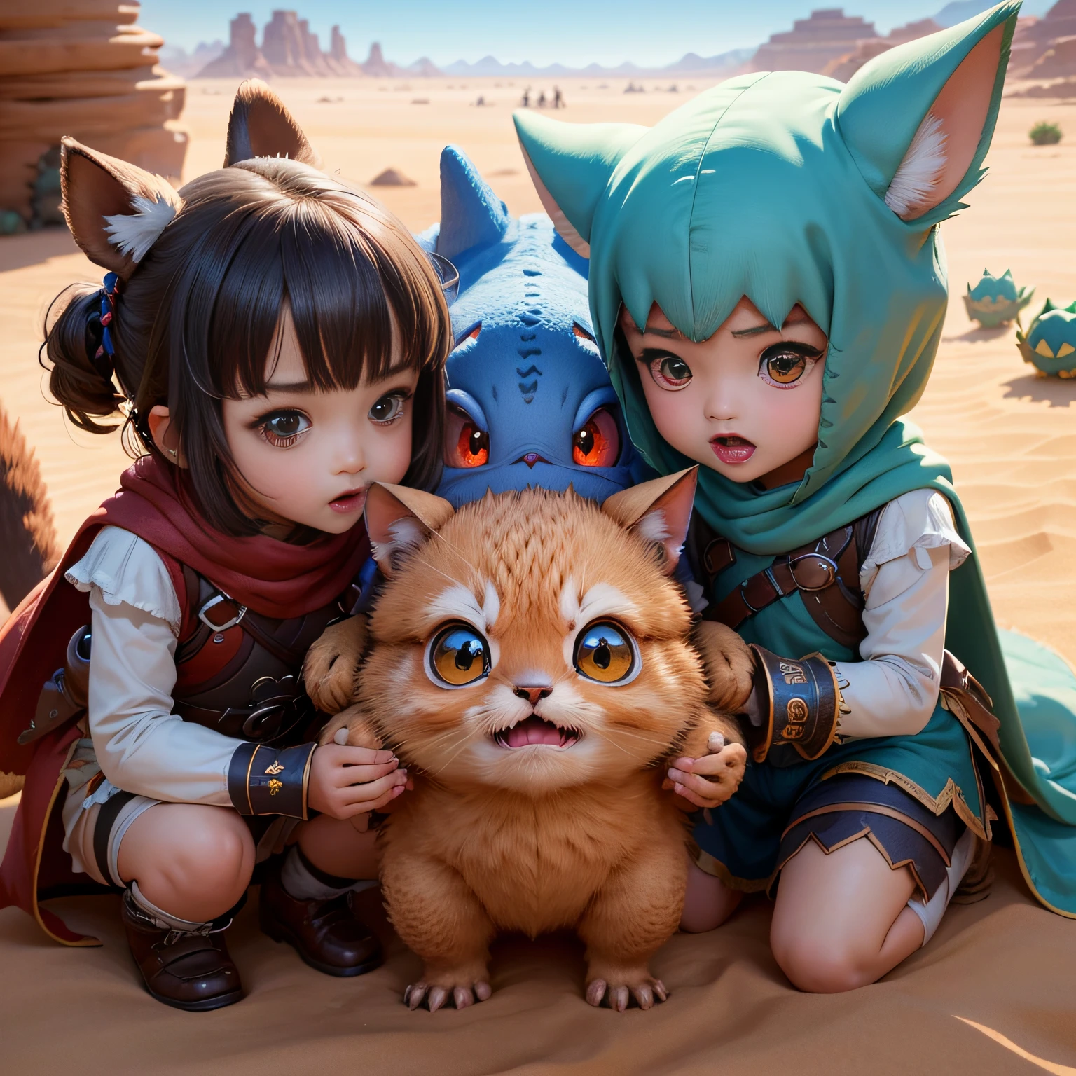 超A high resolution、An ultra-high picture quality、8K、Detailed details、marvelous expression、Lots of kids、Many small and comical cute monsters are your companions.、everyone is playing together、Monster Hunter Character Costumes、Vast desert background、