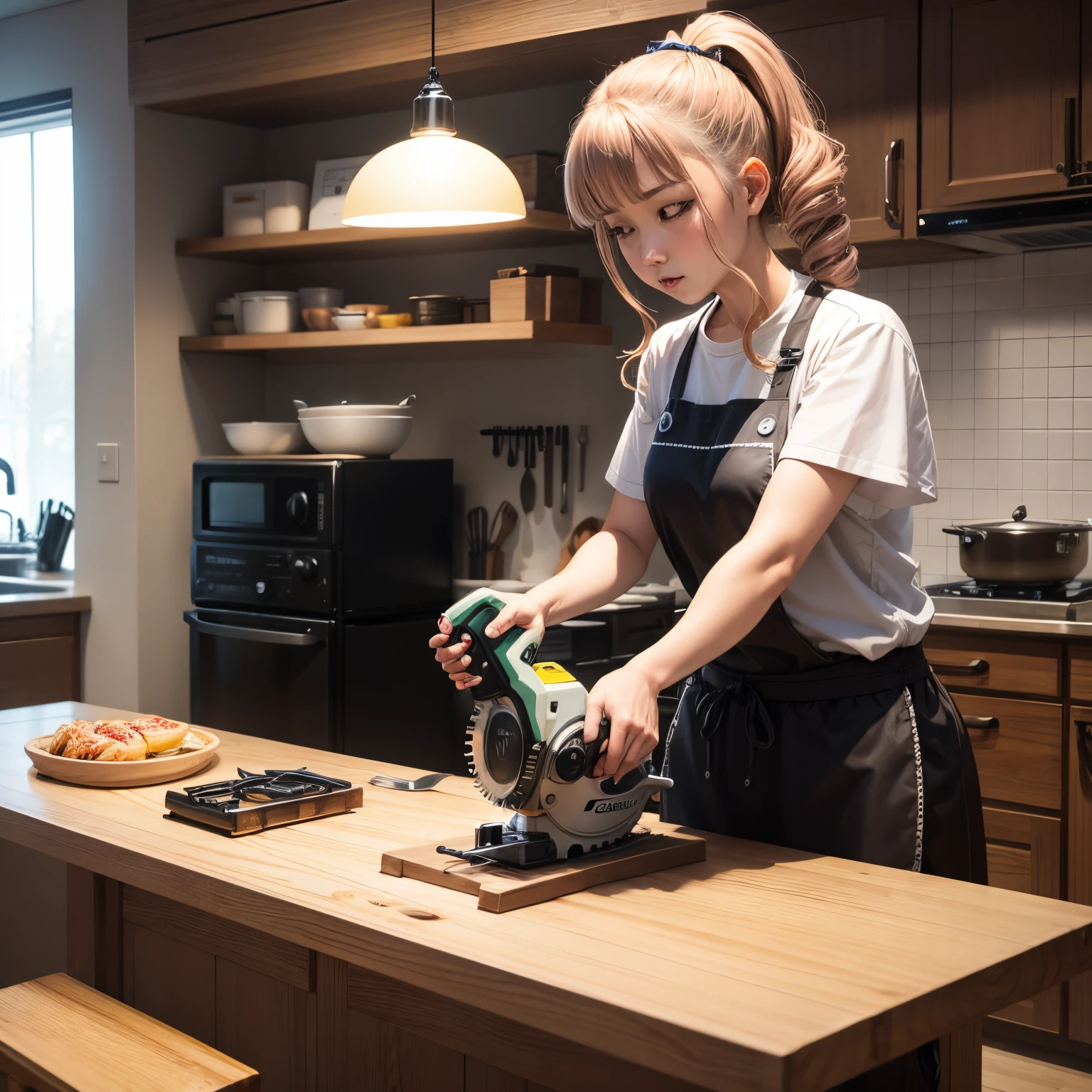 Red haired fox girl in blue kimono fixing server rack while eating spaghetti