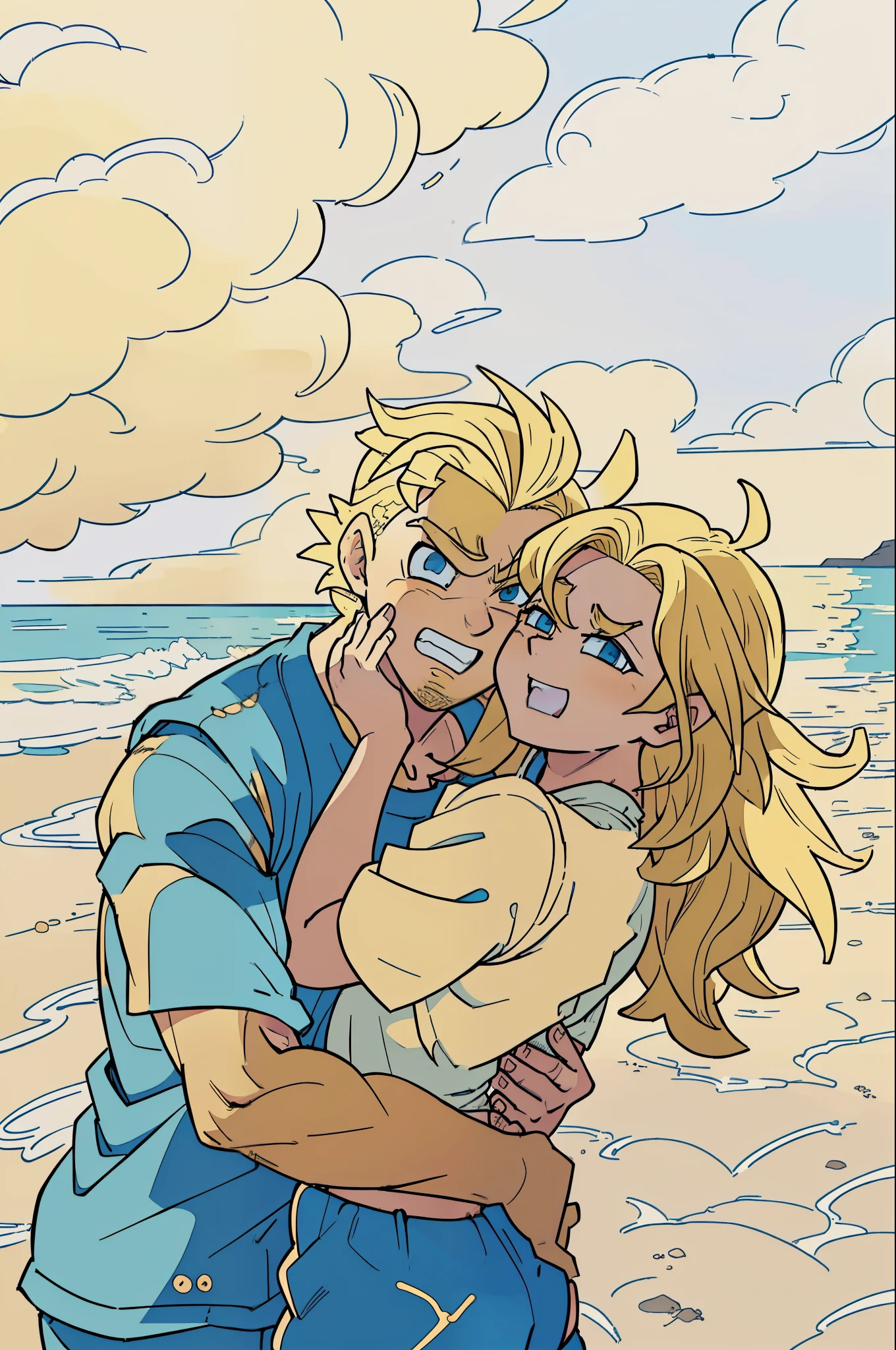 a man and woman hugging on the beach with the ocean in the background,HD, ((super saiyan)),(drawing, manga, ((masterpiece)) 4k, ((manga-style)) drawing style, character concept, super saiyan shape, ((blonde hair:1.3)), blue eyes, Son Goku, (spiked up hair),