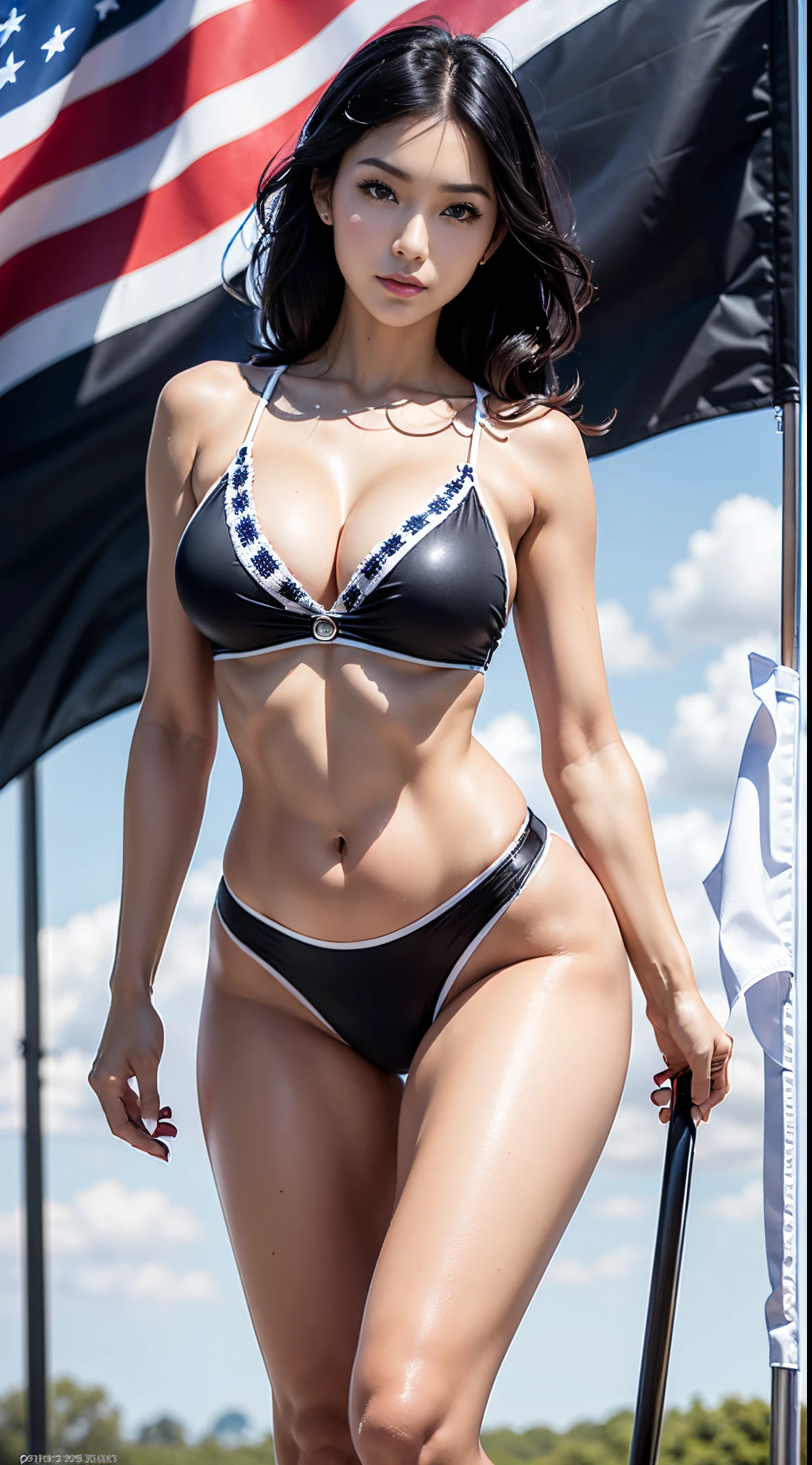 masutepiece:1.3), ultra-detailliert, 超A high resolution, (Realistic, photographrealistic:1.37), high-definition RAW color photography, professional photograpy, ((Hyper-Realism)), (depth of fields), full sharp:1.2, (1 European girl, hotmodel, 18year old), with perfect body, super fine face and eyes, ((Dark makeup, [[pink lipsticks]], eye line)), (Perfect proportions), (Anatomically correct), ((view the viewer)), ((Super high quality natural hair)), (((Black White ((hair combed sideways))))), Woman in cheerleader costume, ((Keep checker flag, Black and white checkerboard pattern:1.45)), photo shot, racecar, (Racing style:1.1), ((Flag on hand, 1 figure only, gogo dancer, f lare, 3 4 5 3 1 , pin-up, pin-up:1.45)), (large full breasts:1.1)), (Narrow waist:1.2), medium ass, ((Whiten skin, Slim Face)), beautiful cheekbones, Slim belly: 1.2, (Very slim, muscular body:1.1), ((Ultra-detailed face)), Attention to detail, Double eyelids, (Erotic:1.3), Satisfied smile, Gorgeous appearance, Inspiring appearance, ((Cowboy Shot)), (Dynamic Pose: 1.4), Race track in the background