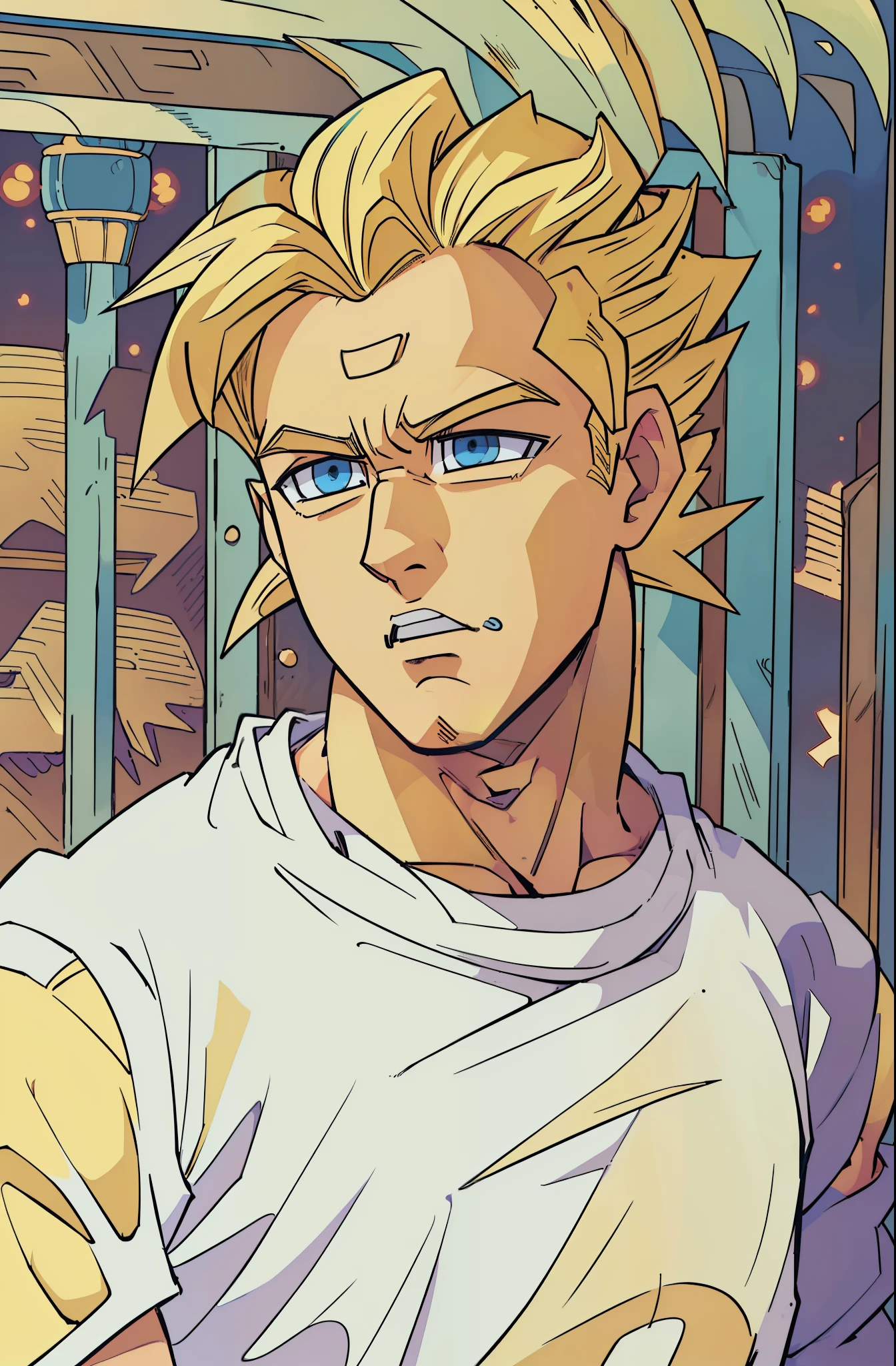 there is a man that is standing by a fence with a cell phone,HD, ((super saiyan)),(drawing, manga, ((masterpiece)) 4k, ((manga-style)) drawing style, character concept, super saiyan shape, ((blonde hair:1.3)), blue eyes, Son Goku, (spiked up hair),