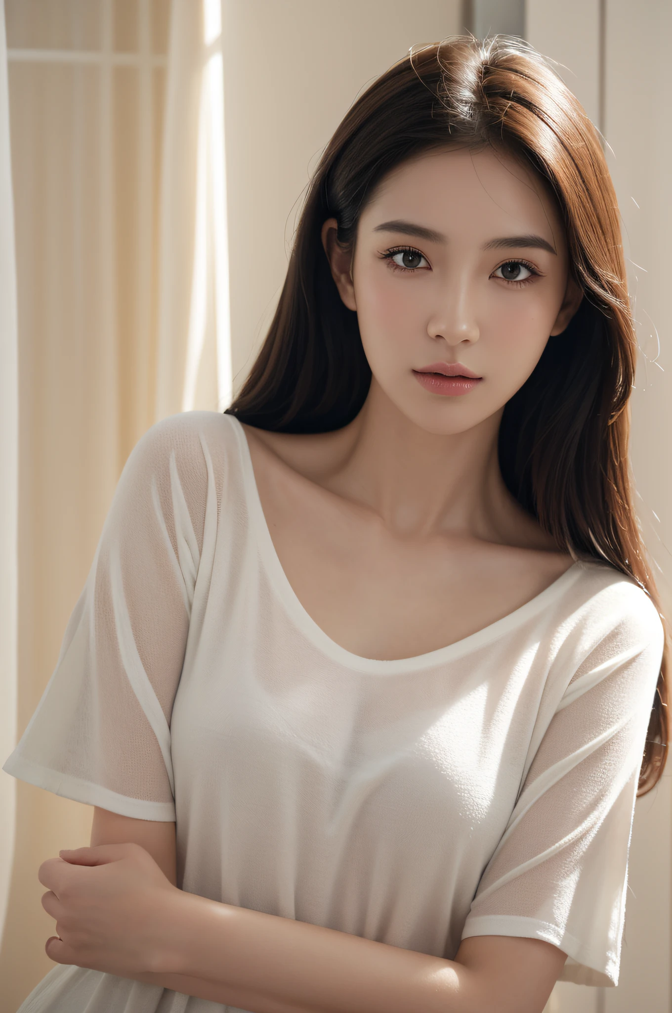 A skinny Japanese lady, long wavy hair, wearing (long T-shirt:1.3), sitting in a dark room. The walls are painted in soft white. Realistic, Photorealistic, High quality, RAW photograph, detailed background, highly detailed, sharp focus, high resolution, 8k, uhd, dslr, realistic eyes, perfect eyes,