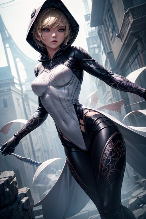 girl, short blond hair, comic accurate Gwen Stacey Ghost Spider costume, white and black costume with hood and purple web, combat stance, highly detailed, vibrant appearance, creative behavior, extremly detailed, imaginative, sensual, spontaneous, small breasts, sexi, revealing, highest quality, skin texture, intricate details, (cinematic lighting), RAW photo, 8k, masterpiece,best quality,ultra-detailed,very detailed illustrations,extremely detailed,intricate details,highres,super complex details,extremely detailed 8k cg wallpaper,