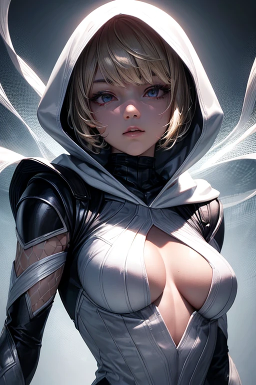 girl, short blond hair, comic accurate Gwen Stacey Ghost Spider costume, white and black costume with hood and purple web, combat stance, highly detailed, vibrant appearance, creative behavior, extremly detailed, imaginative, sensual, spontaneous, small breasts, sexi, revealing, highest quality, skin texture, intricate details, (cinematic lighting), RAW photo, 8k, masterpiece,best quality,ultra-detailed,very detailed illustrations,extremely detailed,intricate details,highres,super complex details,extremely detailed 8k cg wallpaper,