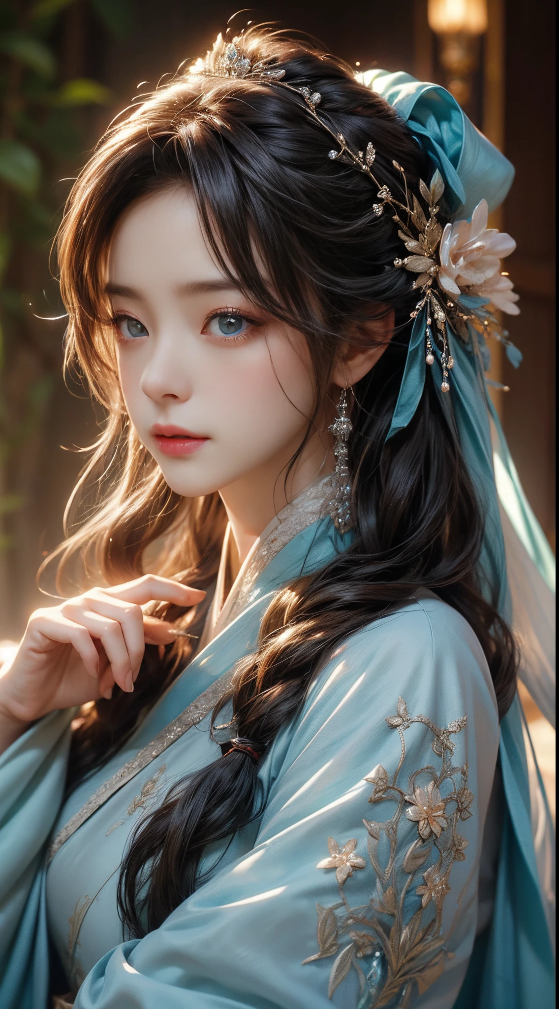 Best Picture Quality,tmasterpiece,High- sharpness,Fairy style,1 female character,Gorgeous Hanfu,A beautiful face,mesmerizing eyes,gorgeous hairstyle