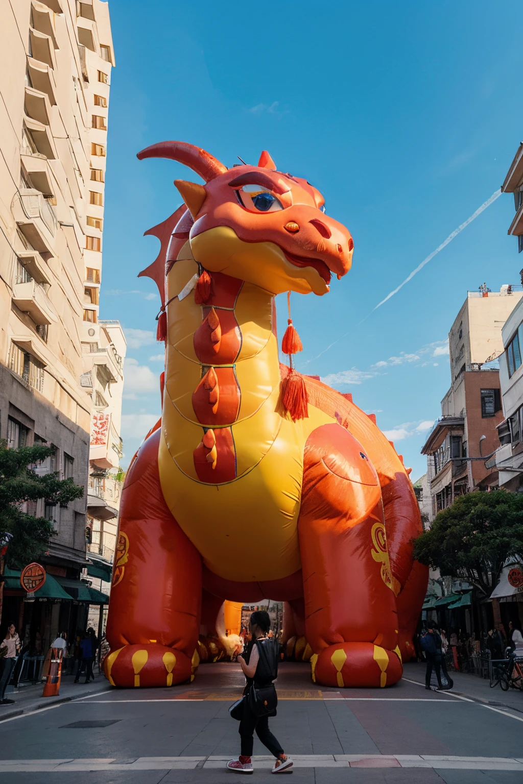 A public art installation, art festival, large inflatable dragon, Chinese style, Chinese New Year elements