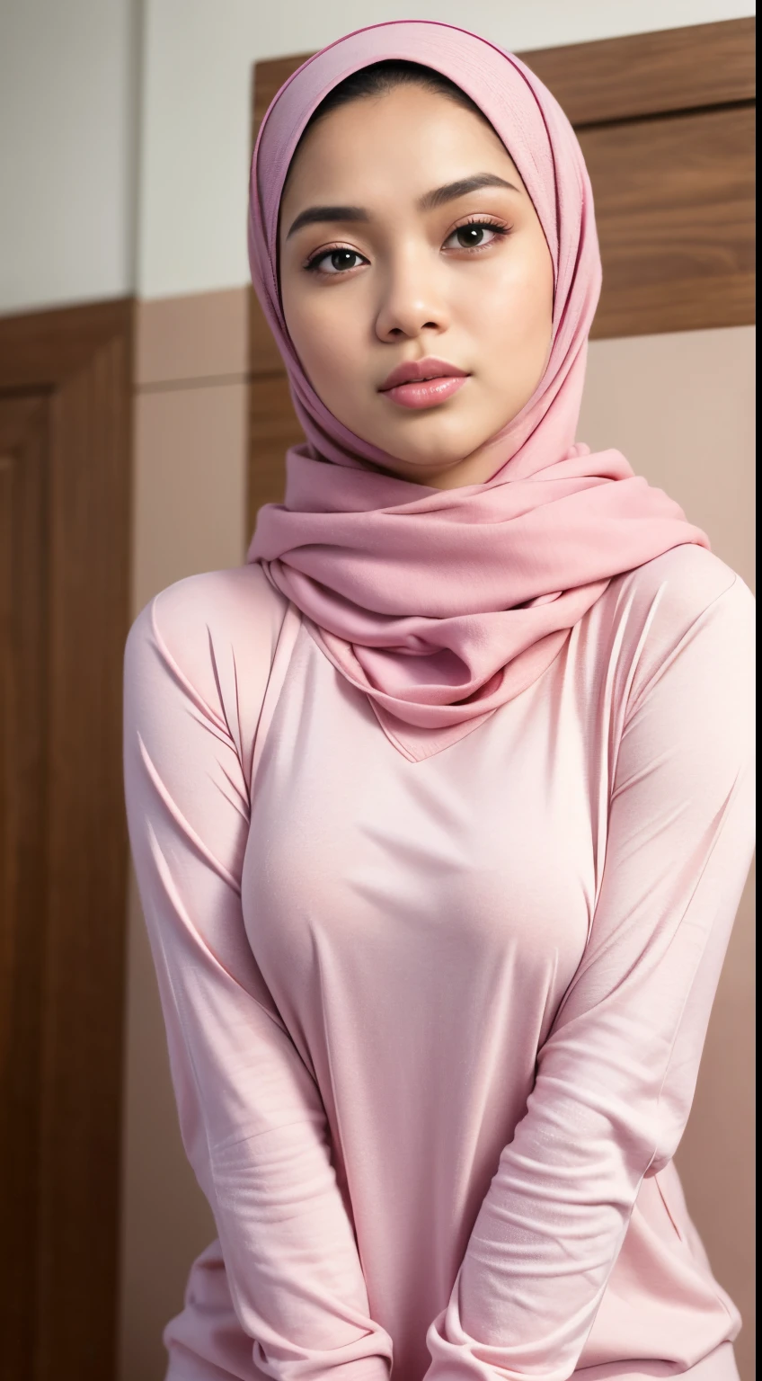 cute malay girl in hijab wearing pastel color bra and cheeky panty, realistic, mira filzah face, wet skin, petite body, medium natural breast, 4k, photography, natural light, ((mira filzah)), skinny, sexy shy pose, front top view, both hand behind, POV, wet body, wet face, sweating, sweat,