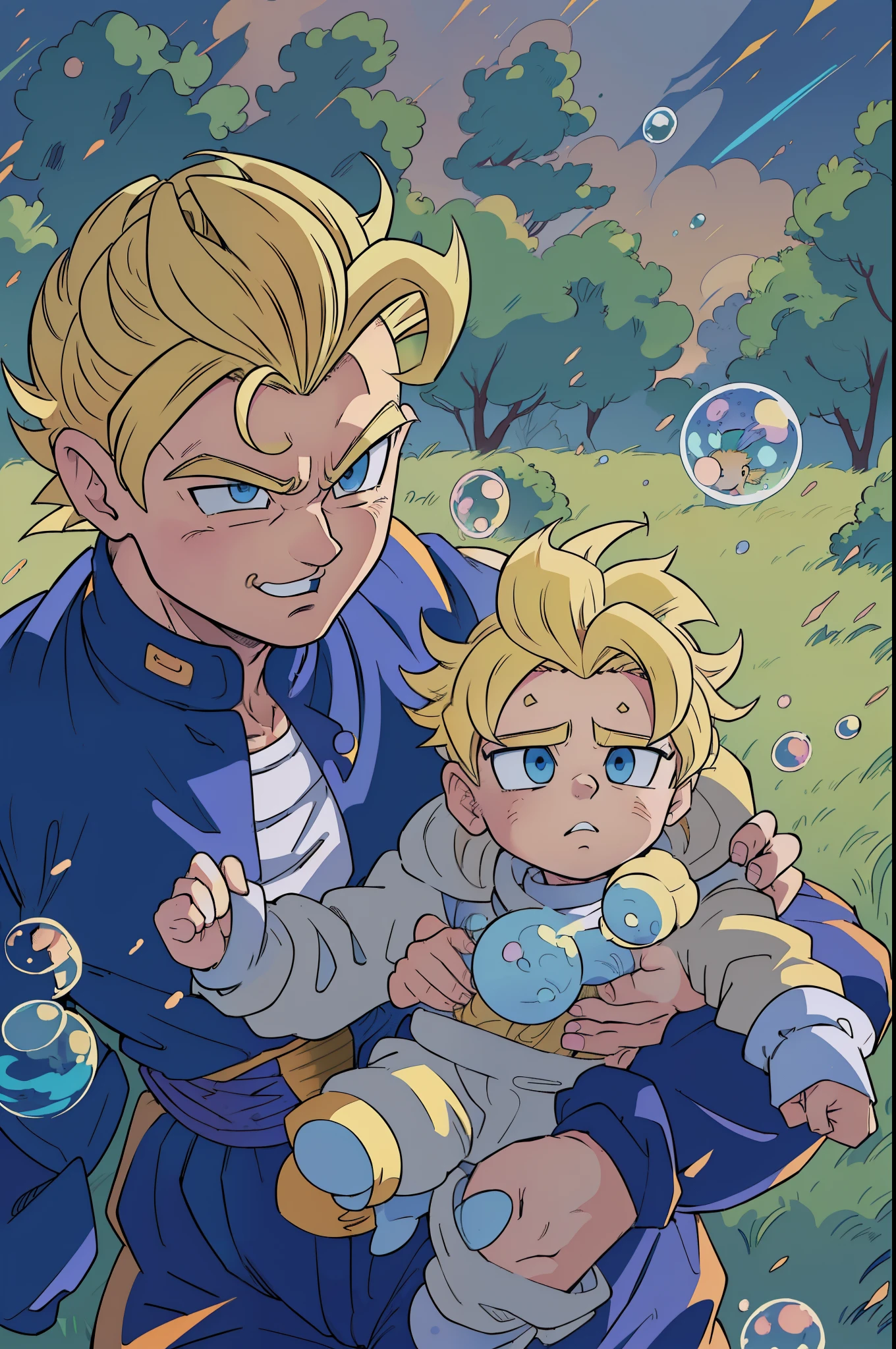 araffe man holding a baby in a park with bubbles, HD, ((super saiyan)),(drawing, manga, ((masterpiece)) 4k, ((manga-style)) drawing style, character concept, super saiyan shape, ((blonde hair:1.3)), blue eyes, Son Goku, (spiked up hair),