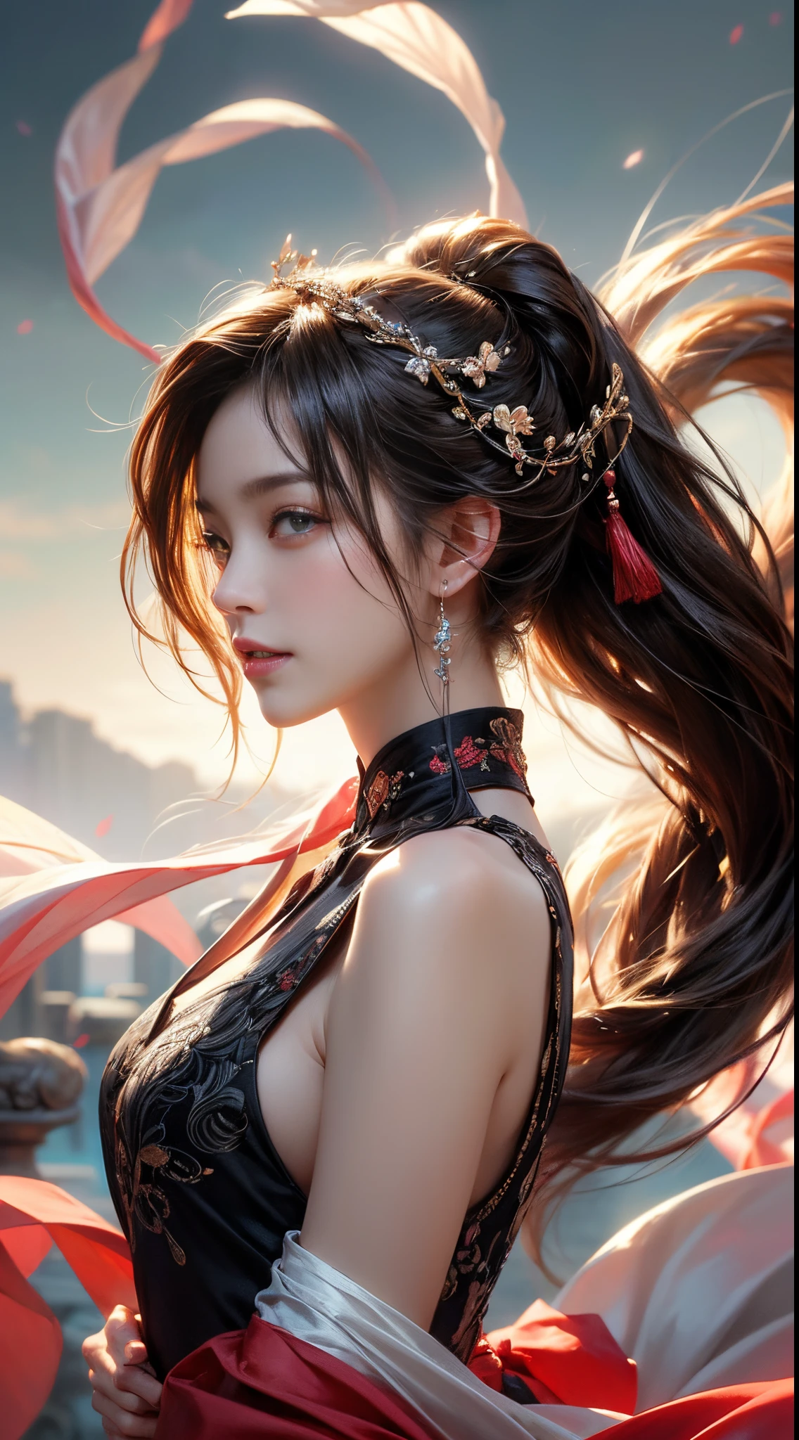 The majestic nine-tailed fox, Have dynamic and fluid body postures, Perfectly integrated with Chinese mythology. This creature possesses extraordinary elegance and sophistication, Mesmerizing eyes depict intricate details. Ink splattered all over the artwork, Add a touch of Chinese ink painting style. The character embodies the image of a Chinese idol, exuding confidence and beauty. a curvy girl, Represents the epitome of femininity, Accompanied by this mythical figure, Create a fascinating juxtaposition. The artwork captures a full-length portrait of the girl, Show off her charming charm and charming personality. The work is filled with feelings of love and tenderness, depicts the love that blossoms between these two female characters. Time seems to be frozen in the fleeting 2.5 days, Immortalize this profound and passionate encounter. The scene unfolds in rapid action, Capture the moment a girl jumps towards a mythical creature, Symbolizing the leap of faith and the pursuit of love. The eyes are particularly eye-catching, Captivates attention with its mesmerizing beauty and intricate details. Character silhouettes are carefully crafted, Emphasis on its refined features. The artwork depicts a fantasy realm, A place where reality and imagination seamlessly intertwine. The female character wears a stunning antique black and red brocade Hanfu, Exude elegance. The perspective used in this piece immerses the viewer in a new world, Stimulate their imagination and curiosity. This piece of art is a masterpiece, Demonstrate exceptional artistic skills and creative vision. Frontal views of characters enhance their presence and intensity, Invite viewers to delve deeper into their stories. Additionally, Profile portraits showcase a person’s unique angles and enhance their charisma. White background acts as canvas, Let the characters shine to their full glory. The artwork suggests the style of a movie poster, Evoking a sense of grandeur and cinematic appeal. Sharp and bold brushstrokes enhance the dynamic movement of the artwork, Create a strong visual impact. Splashes of ink add realism and movement, Breathe life into works of art. Clouds float gracefully in the sky, Symbolizing the ethereal and dreamy scene. Delicate petals dance in the air, Add a touch of whimsy and charm. empty, The vast sky creates a peaceful atmosphere, Highlight the magical atmosphere. The artwork was captured through a wide-angle lens, Capture vast landscapes,Immerse your audience in stunning panoramas. The distant landscape stretches beyond the horizon, Inviting viewers to explore and discover the wonders that lie ahead.