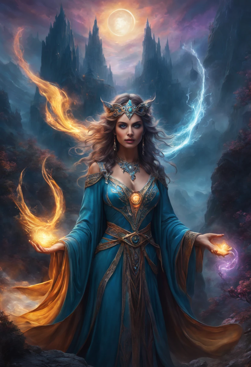 a sorceress,spell casting,beautiful detailed eyes and face,flowing magical robes,amazing powers and abilities,mystical aura,engaging pose and gesture,fantasy landscape,surreal colors,dramatic lighting,unreal world,mesmerizing and mysterious aesthetics,enchanted atmosphere,masterpiece:1.2,ultra-detailed,otherworldly scenery,ethereal and captivating,artistically rendered,rich textures