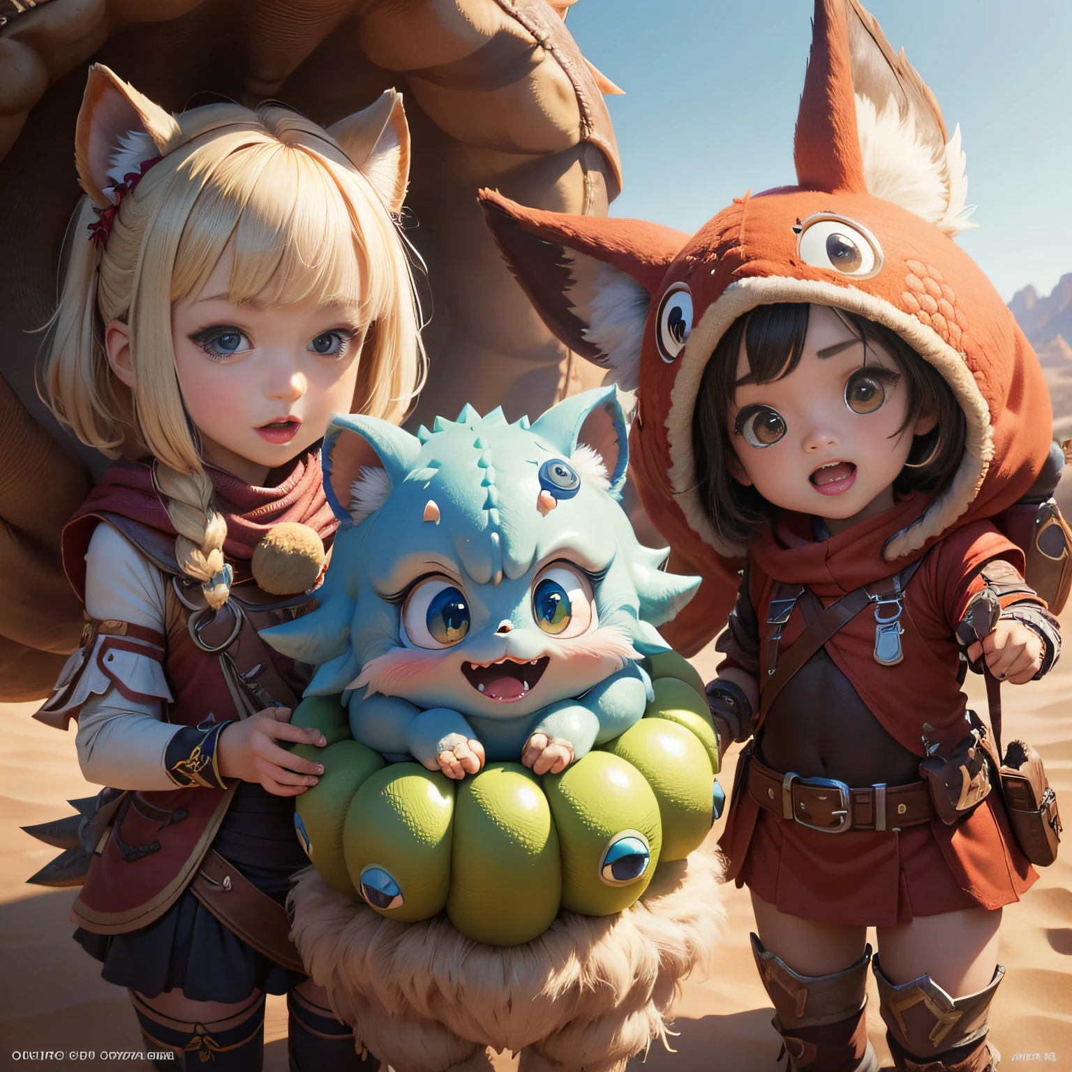 超A high resolution、An ultra-high picture quality、8K、Detailed details、marvelous expression、Lots of kids、Many small, comical and cute monsters will become your friends..、everyone is playing together、Monster Hunter Character Costumes、Vast desert background、