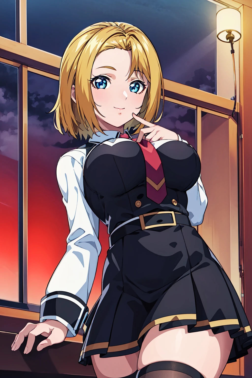 (Night:1.7), Japan, Tokyo, CityView, Before Window,
Standing at attention,
White_shirt,long sleeves,(Black_vest:1.3),Red pleated skirt, uniform,thighhighs,long sleeves,(belt:1.2),Red Tie,
blonde hair,Short_hair,parted Bangs,blue eyes,Forehead,
1 girl, 20yo,mature female,Beautiful Finger,Beautiful long legs,Beautiful body,Beautiful Nose,Beautiful character design, perfect eyes, perfect face,
looking at viewer,girl in the center of the image,
NSFW,official art,extremely detailed CG unity 8k wallpaper, perfect lighting,Colorful, Bright_Front_face_Lighting,
(masterpiece:1.0),(best_quality:1.0), ultra high res,4K,ultra-detailed,
photography, 8K, HDR, highres, absurdres:1.2, Kodak portra 400, film grain, blurry background, bokeh:1.2, lens flare, (vibrant_color:1.2)
(Beautiful,Large_Breasts:1.2), (beautiful_face:1.5),(narrow_waist),