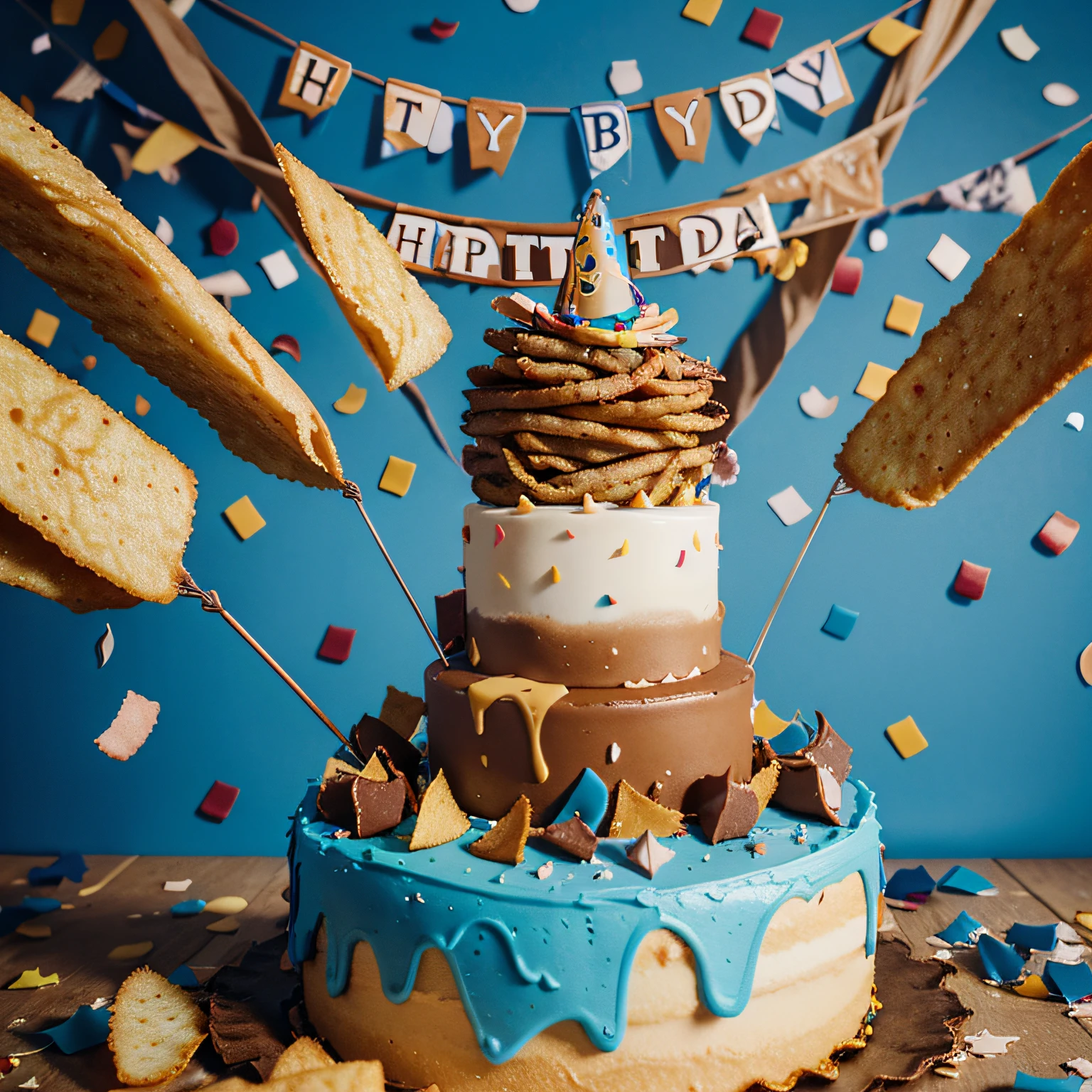toffee, chips, confetti, blue background, happy birthday