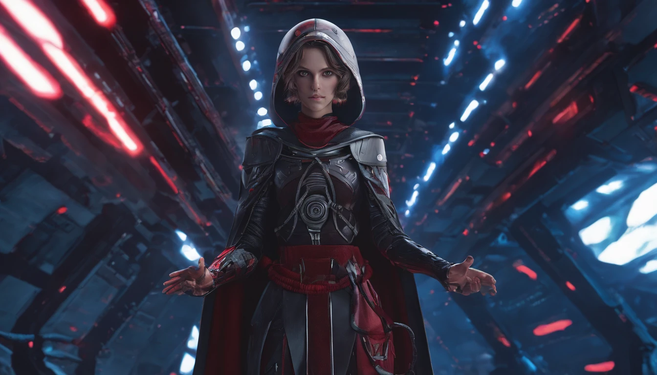 Princess Zelda full body photo, brunette color hair, red eyes, Dress up as Rey Skywalker, 30 age old, mature, XL bust, One hand holds a red lightsaber, Wearing a black cloak with red details, struggle, In a fighting stance, Background with: Inside the Death Star space station, Unreal Engine5, Japanese cartoon, style of anime, tmasterpiece, The eyes are well drawn, Well-drawn face, Detailed eyes, Facial details are very good, 8K, light and shadow effect.