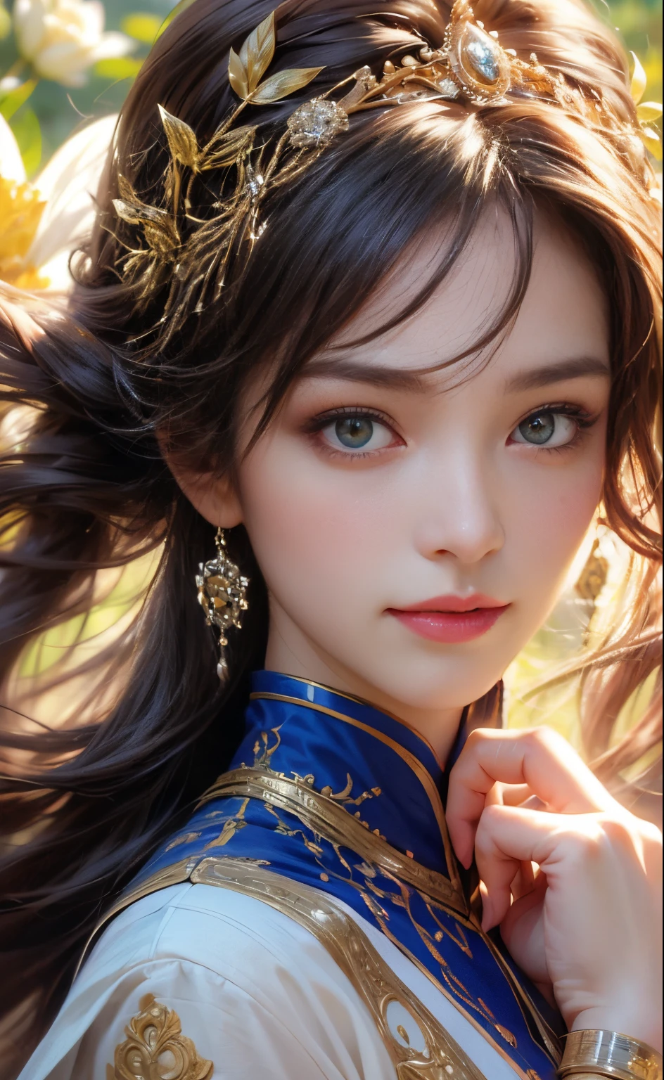 "A saint with a beautiful and super cute face, Wearing extremely slim and sexy clothing, beautiful and cute face, 詳細な目, detailed nose, 詳細な唇, Long eyelashes, 详细的脸, long whitr hair, heavenly halo, flowing robe, with a calm expression, The skin is soft and shiny, Yellowish complexion, extraordinary elegance, Beautiful posture, subtle smiling, a golden halo, divinelight, Ethereal atmosphere, serene gardens, flowers in full bloom, light wind, vivd colour, perfect detail, Realistic portraits, carefully drawn, A high resolution, professional master piece, photorealistic art, portraitures, Delicate brushstrokes, Charming composition, Rich texture, EtherealBeauty, captivatinggaze, mesmerizing presence, Enchanting aura, quiet and sacred, Graceful, Charming and elegant, ethereal and otherworldly.”